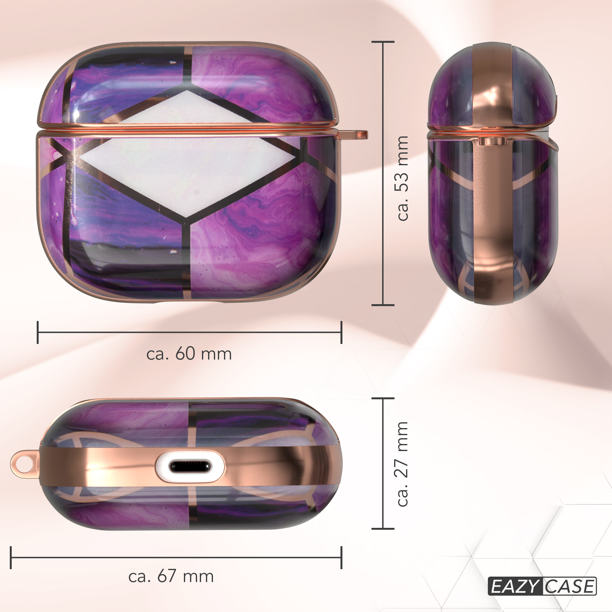 Lila-goldenes AirPod-Etui mit Größenangaben.