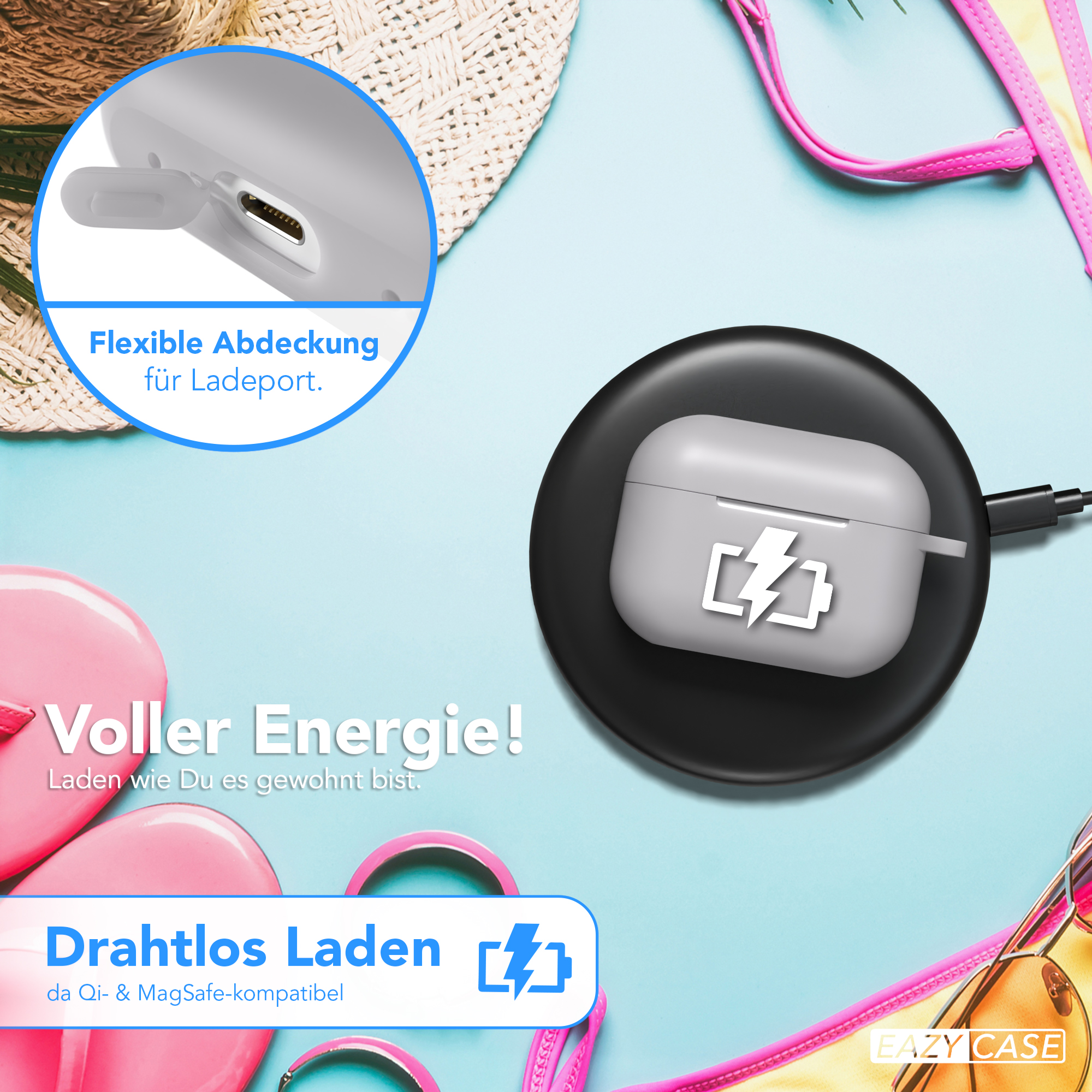 Kabelloses Ladepad mit Hülle und Text zum kabellosen und schnellen Laden.