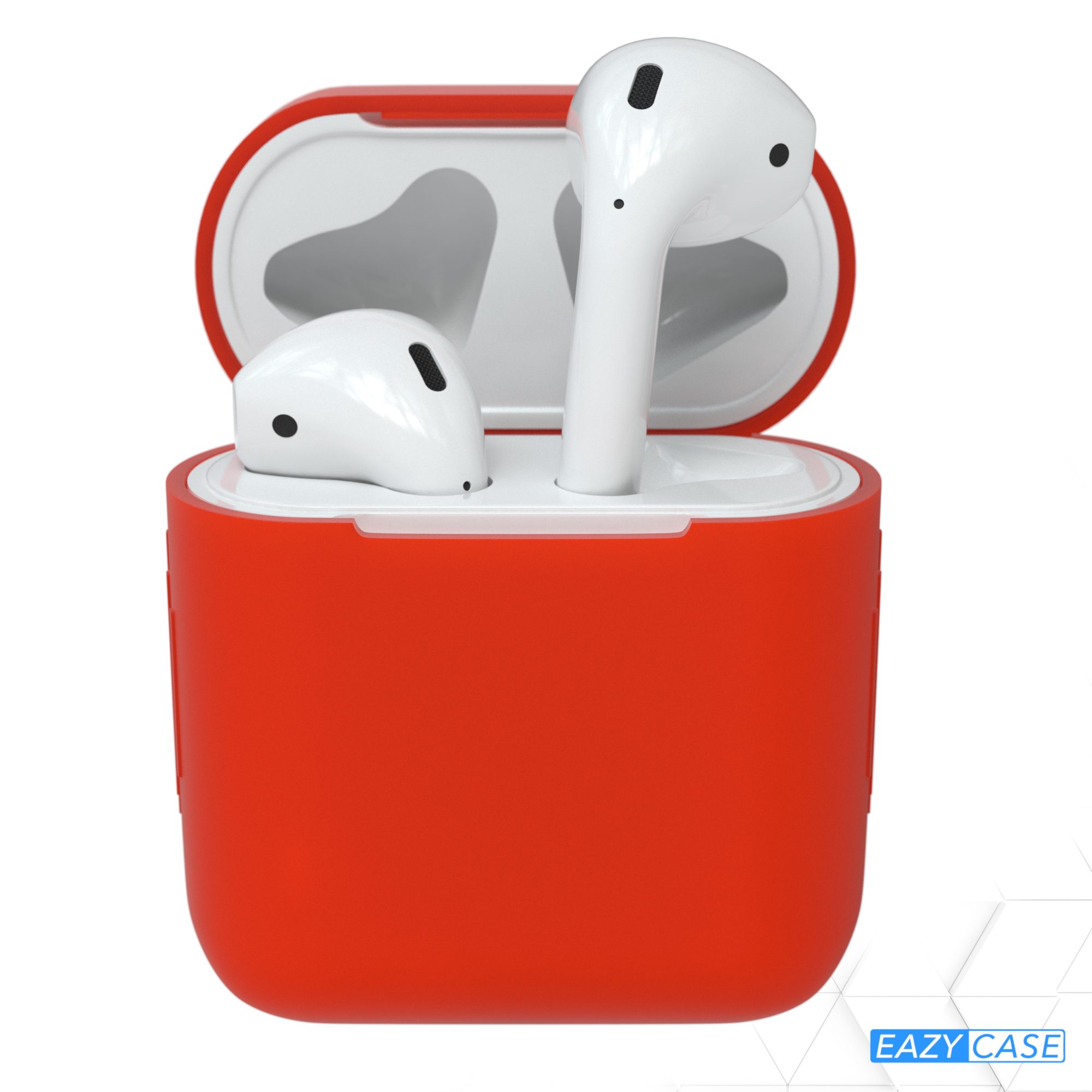 Rotes AirPods-Case mit weißen AirPods. Das Case ist geöffnet, weißer Hintergrund.