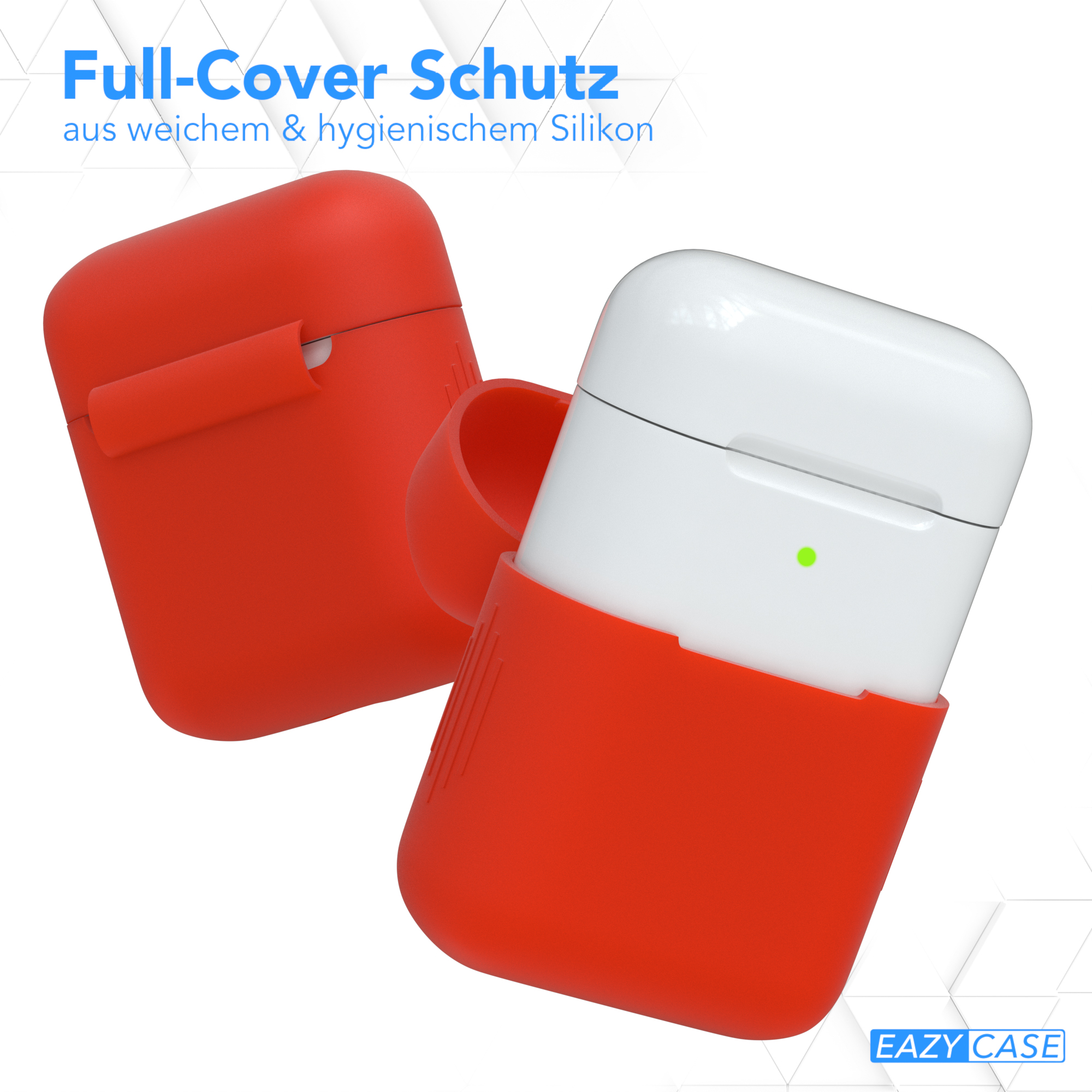 Zwei rote AirPod-Hüllen, eine offen, weiße Ohrhörer zeigend. Blauer Hintergrund.
