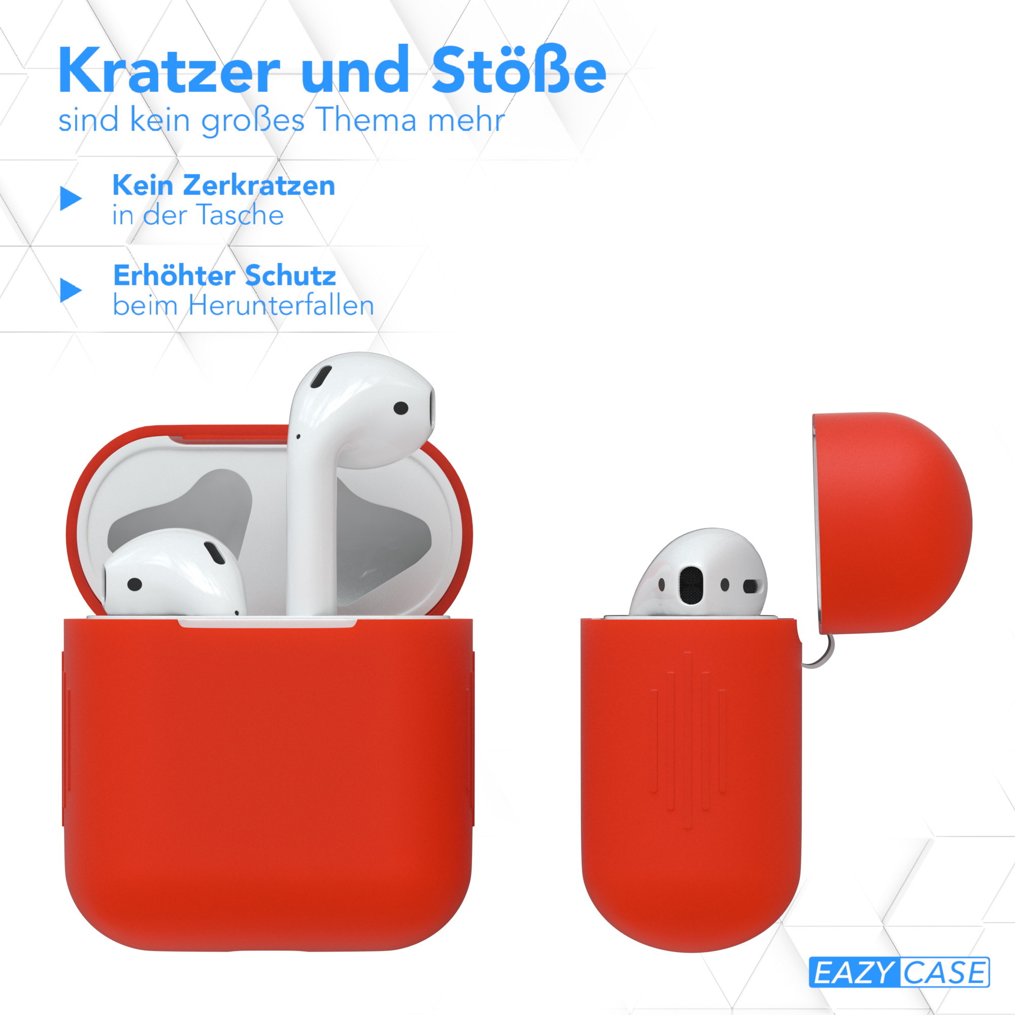 Zwei rote Ohrhörer-Etuis. Eines offen mit Ohrhörern. Text: Kratzer und Stöße sind kein Problem mehr.
