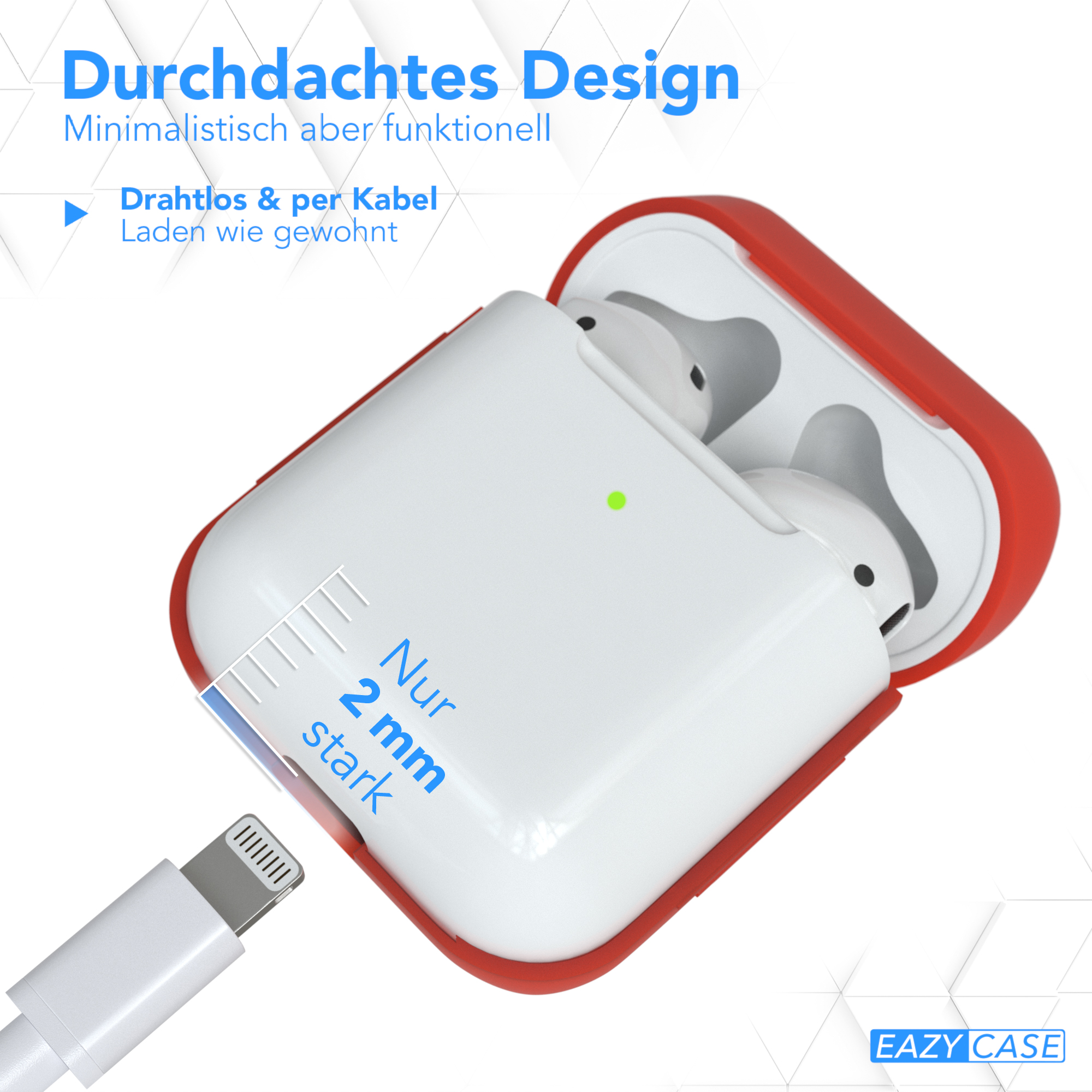 Weißes AirPods 3-Etui mit roter Abdeckung, ein Ladekabel in der Nähe. Im Inneren sind Airpods.