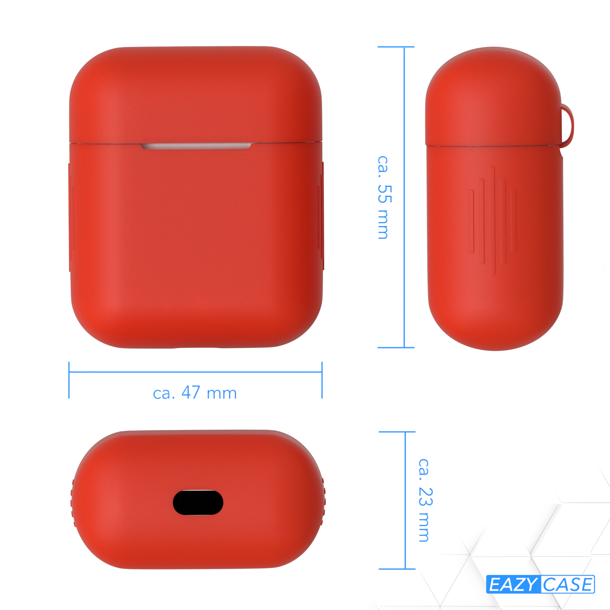 Rote Kopfhörerhülle mit Abmessungen in mm. Die Abmessungen sind ca. 55 mm, ca. 47 mm und ca. 23 mm.