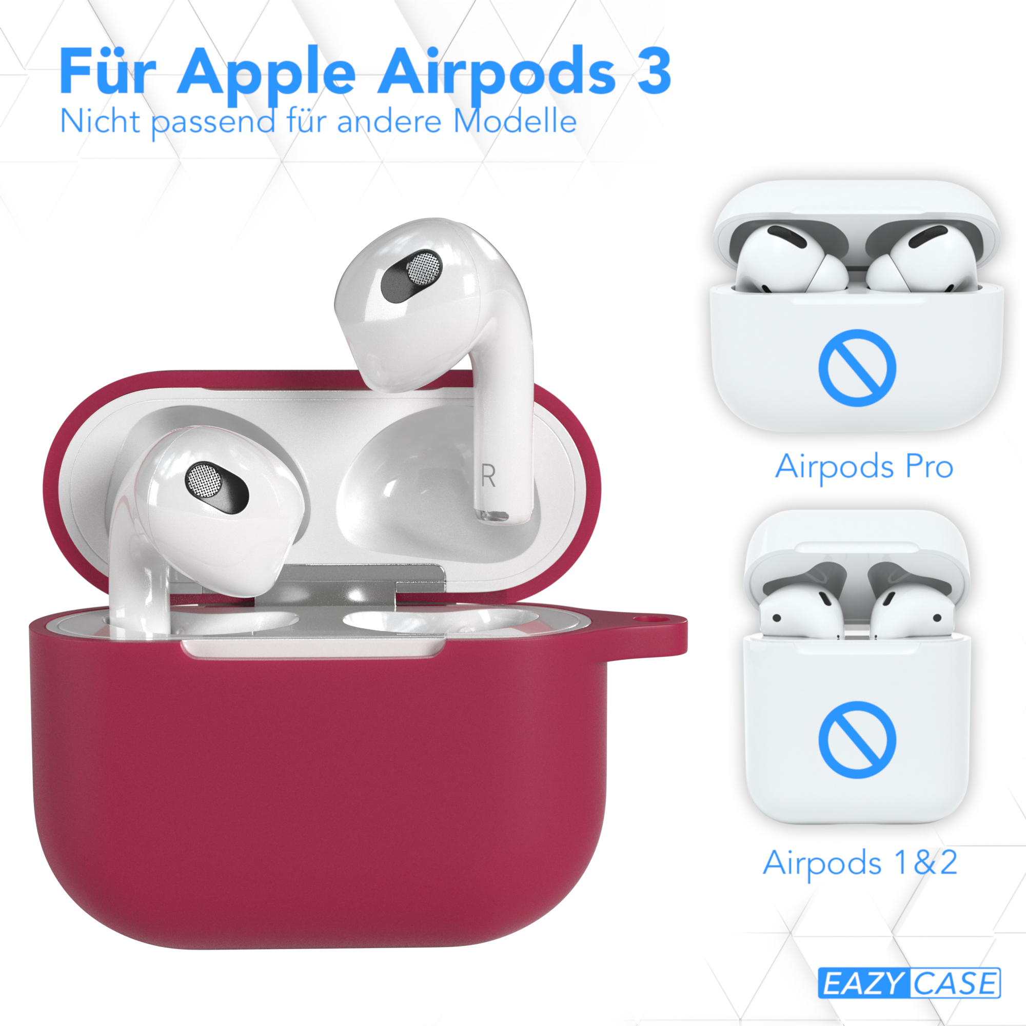 Rotes AirPods-Case mit drei Bildern, die AirPods Pro und 1&2 zeigen, und Text.