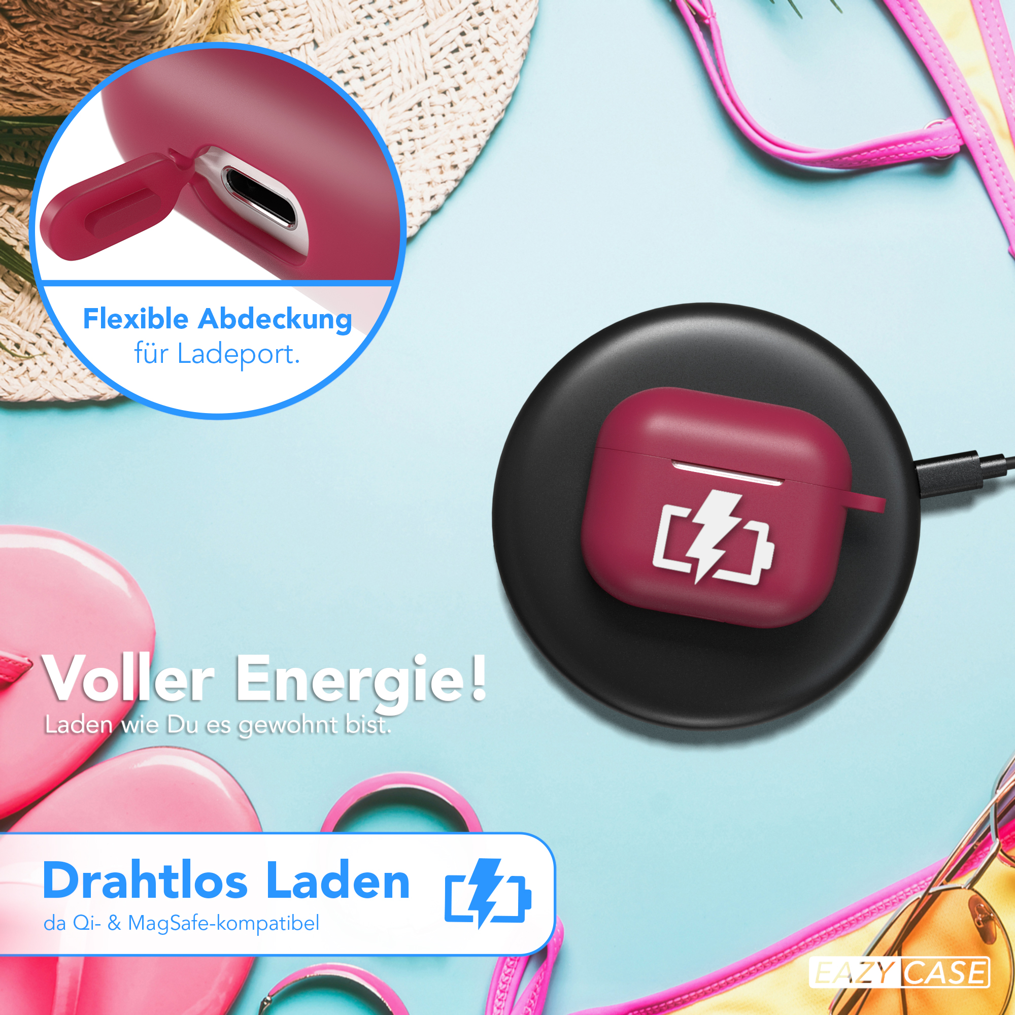 Kabelloses Laden: eine weinrote Hülle auf einem schwarzen Pad, auf blauem Grund, mit Sommerartikeln.
