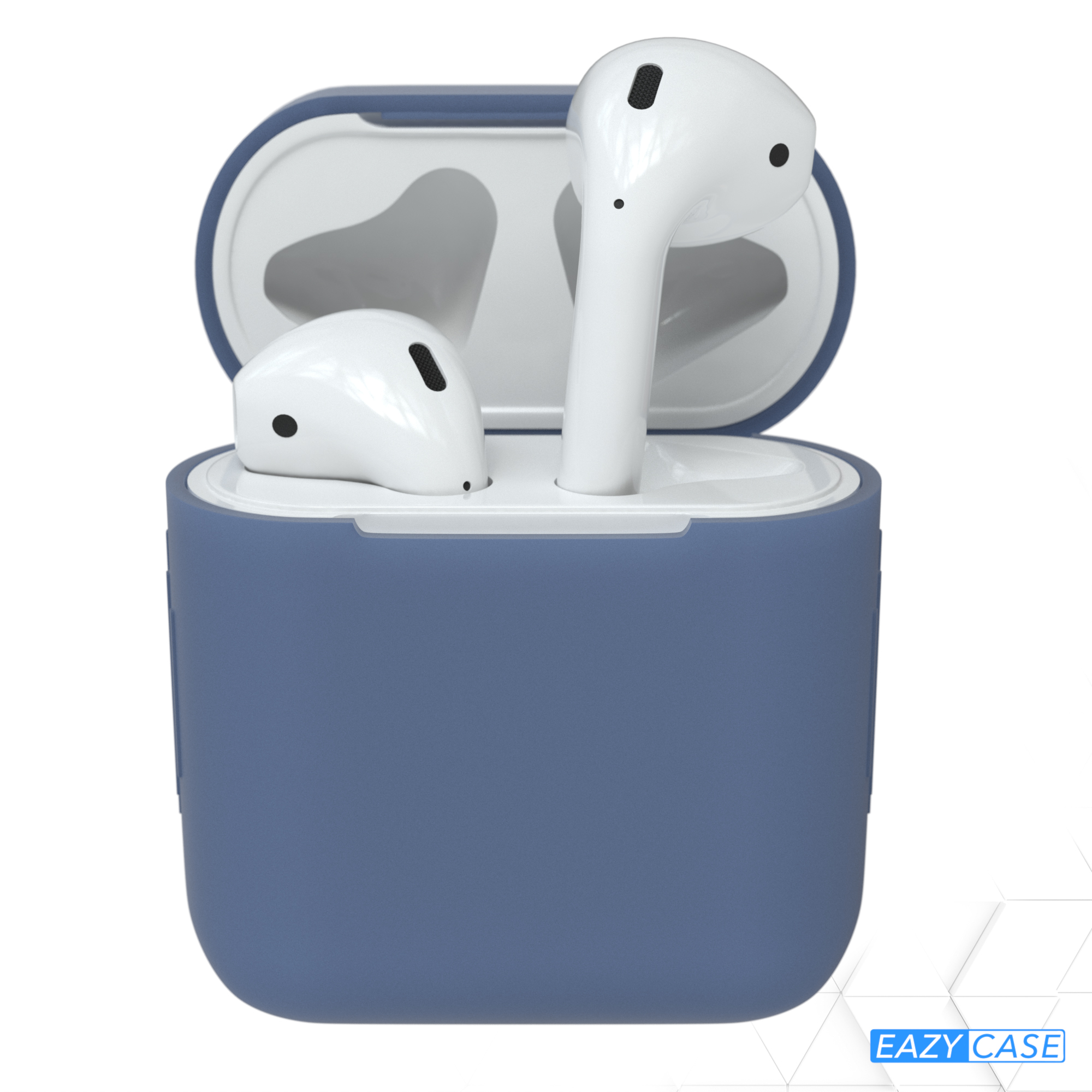 Blaue AirPods-Hülle. Die Hülle ist offen. Zwei weiße AirPods befinden sich in der Hülle.
