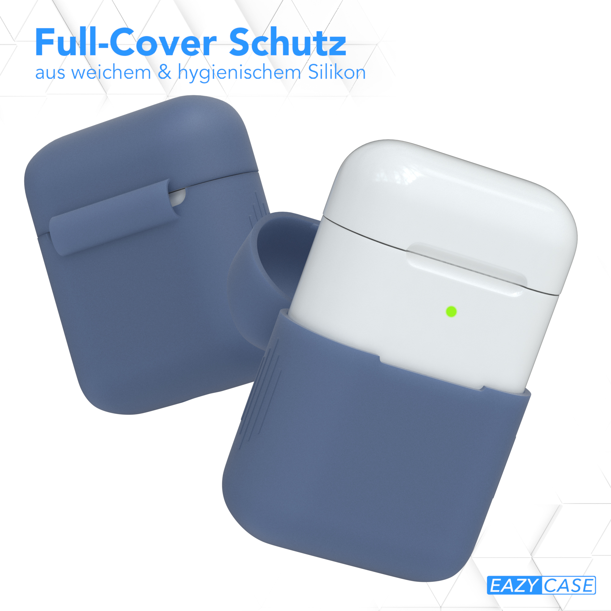 Ein geschlossenes, blaues AirPods-Case und ein offenes AirPods-Case mit AirPods. Text weist auf Silikonschutz hin.