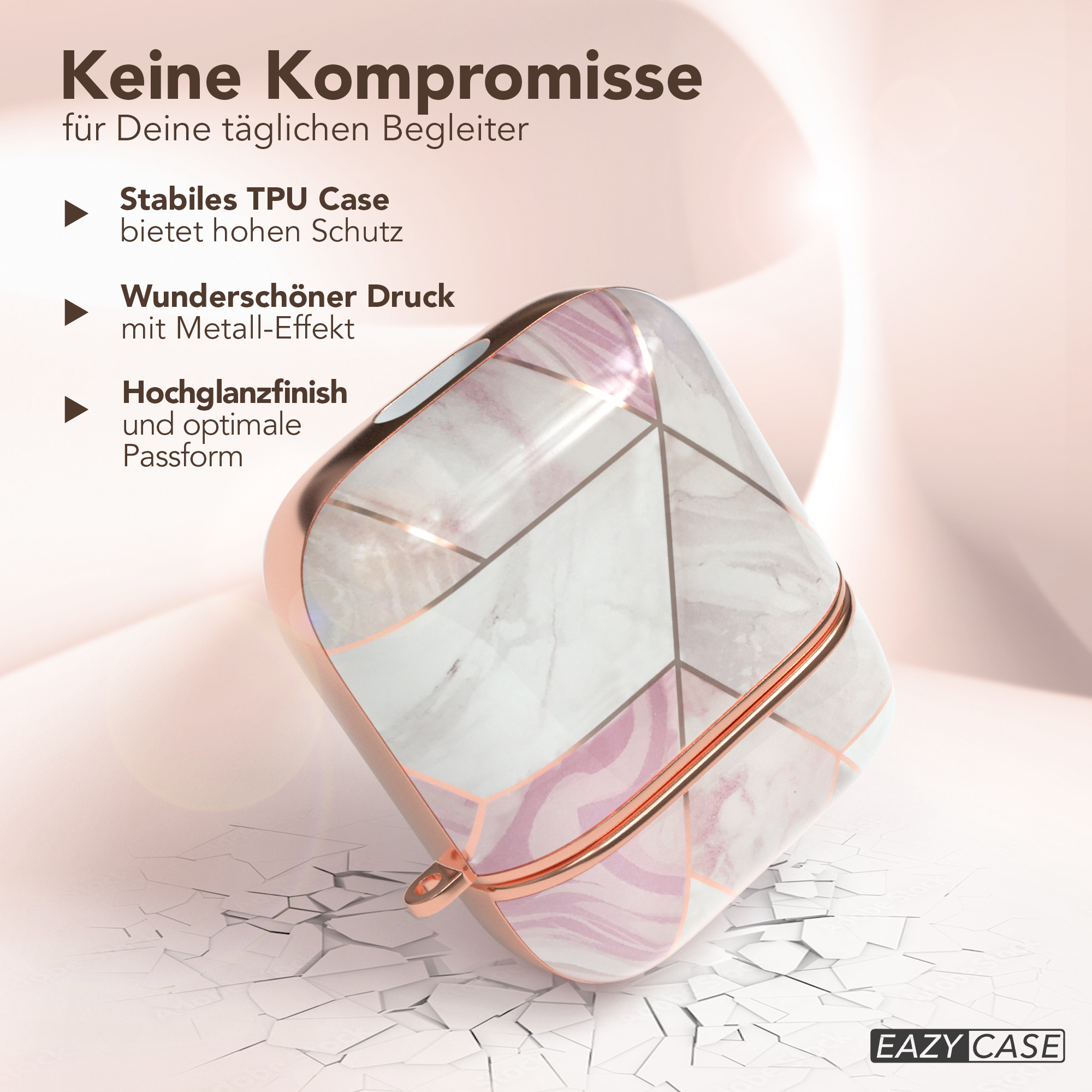 Kopfhörer-Hülle mit Marmor-Design, roségoldenen Akzenten und Rissen.