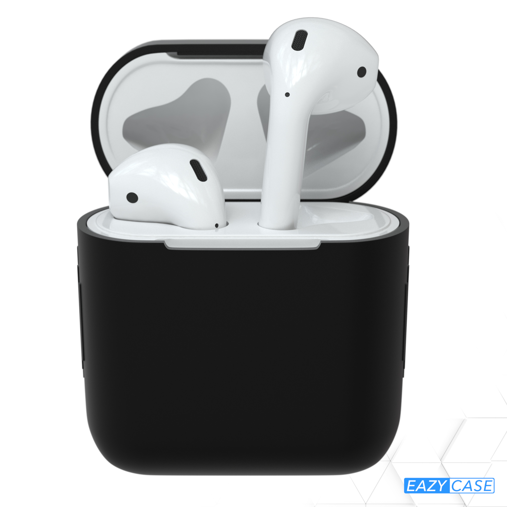 Weiße AirPods in einer schwarzen Hülle, offen, mit dem EAZY CASE Logo auf der Hülle.