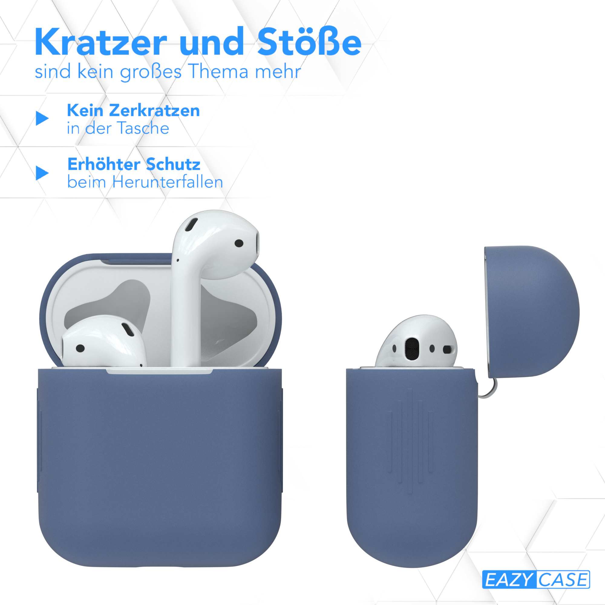 Blaue Kopfhörerhülle mit Ohrhörern. Text weist auf Schutzmerkmale hin, einschließlich 'Kein Zerkratzen'.