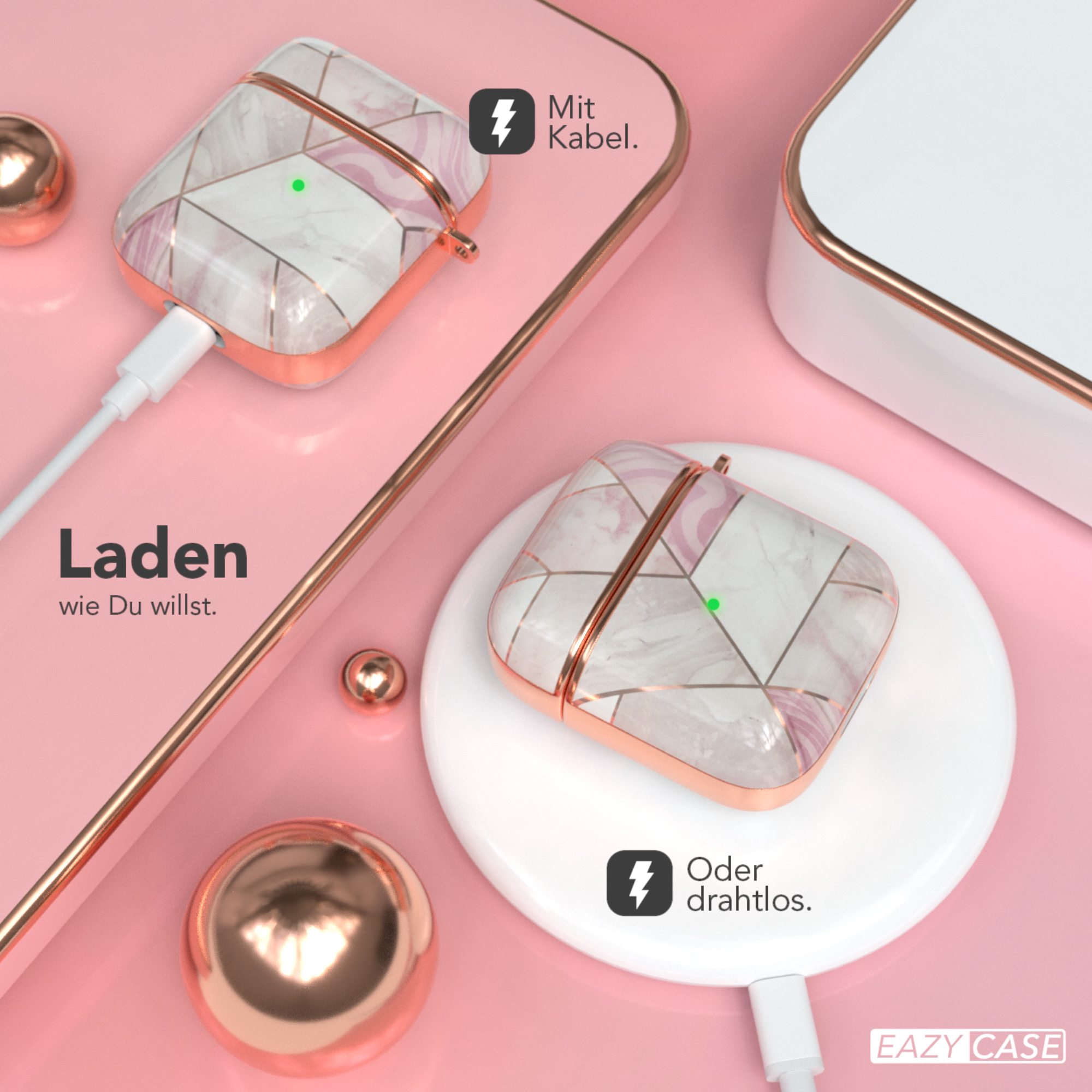 AirPods-Hülle mit Marmormuster, Ladekabel und kabellosem Ladegerät. Goldakzente.