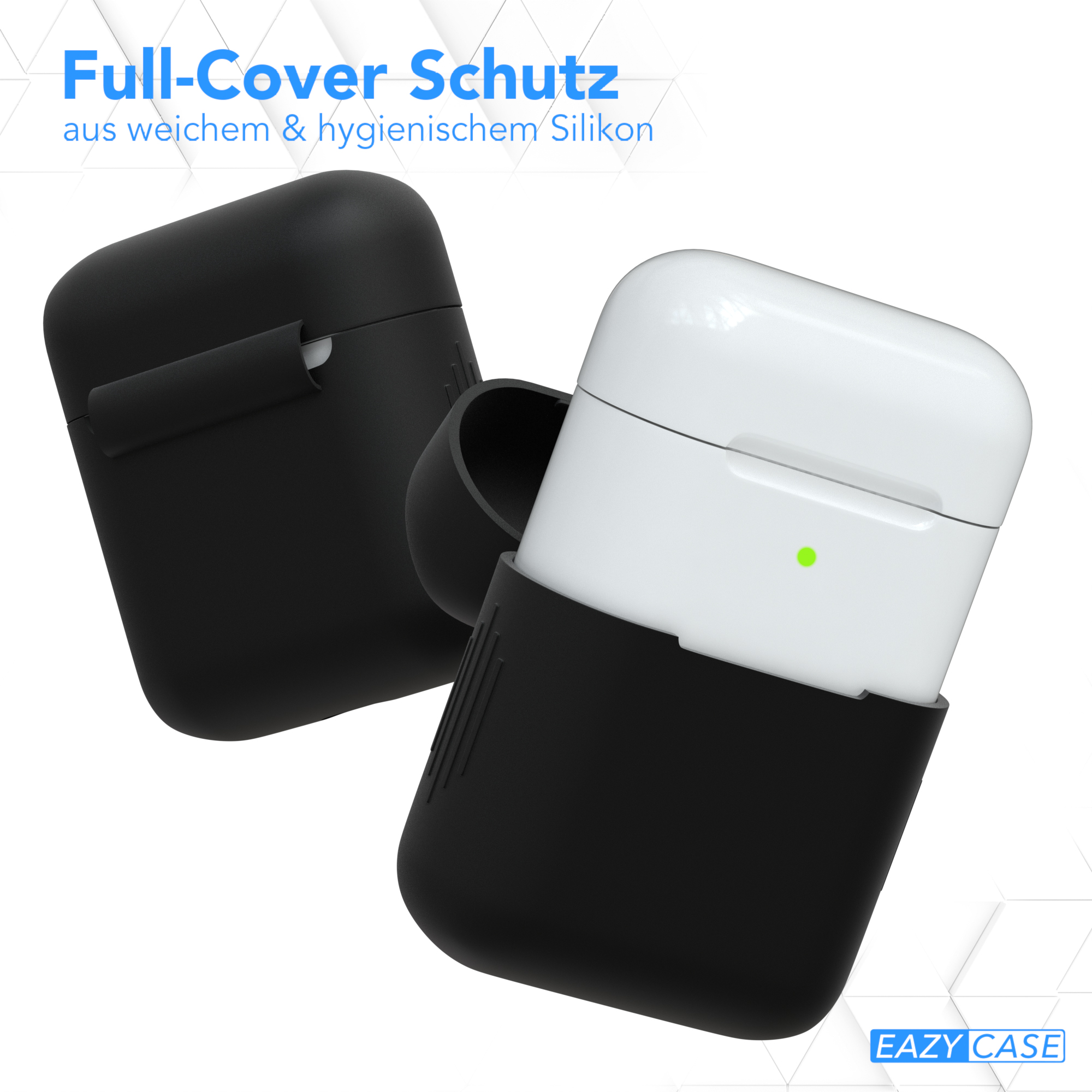 Zwei schwarze AirPods-Hüllen, eine offen, eine geschlossen.