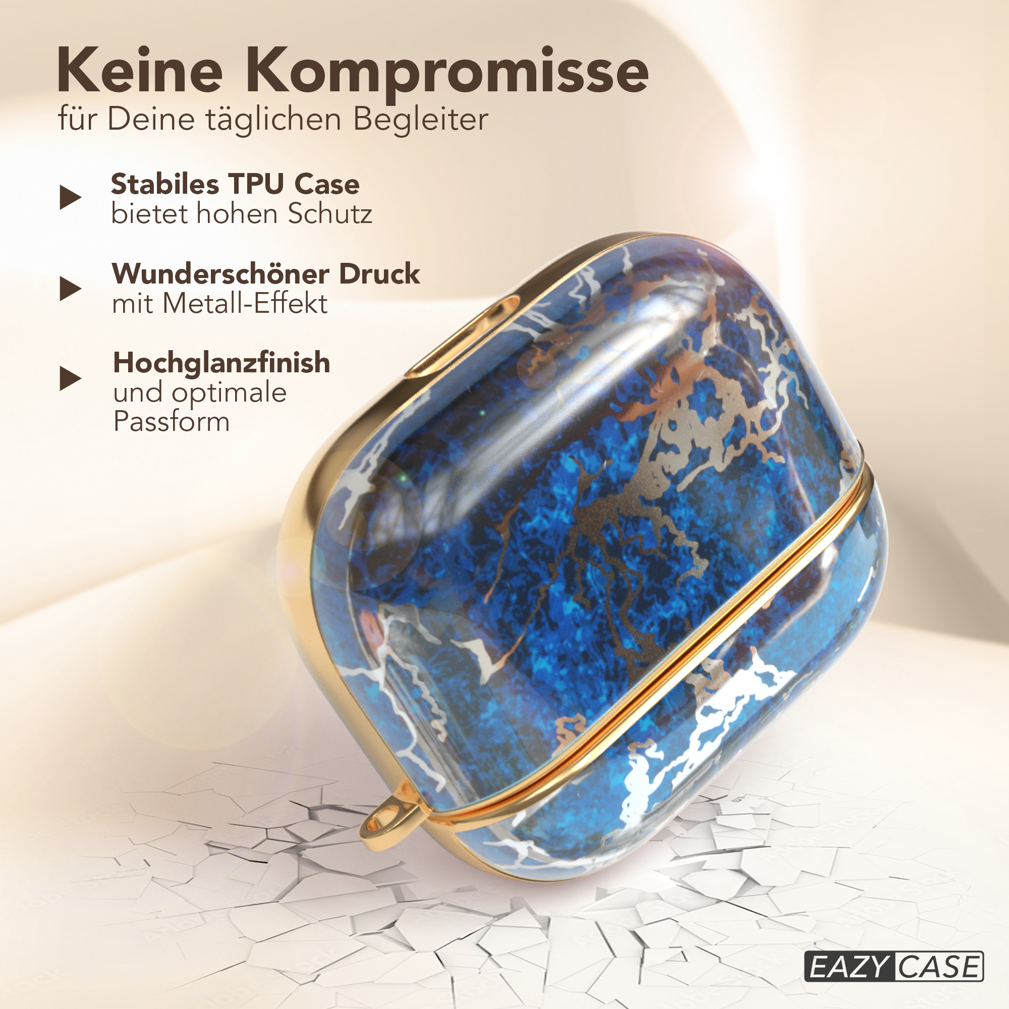 Kopfhörer-Etui mit Marmor-Design. Goldbesatz. Das Etui ist offen. Der Hintergrund ist weiß.