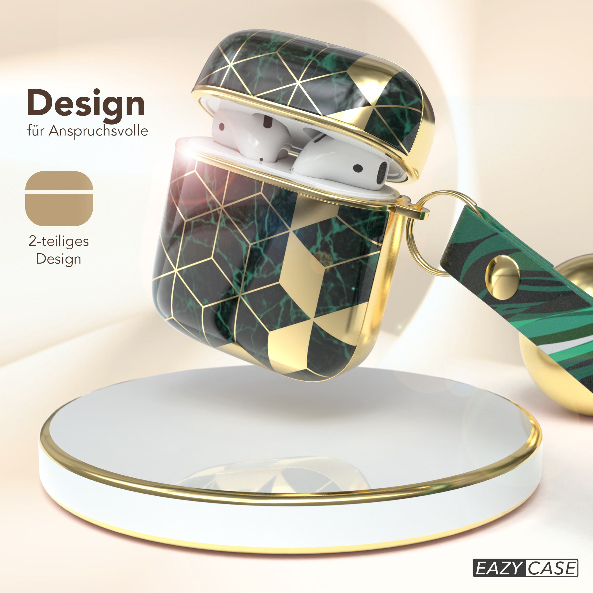 Kopfhörerhülle mit Gold- und grünem Marmordesign, offen auf einem weißen Ständer mit Goldrand.