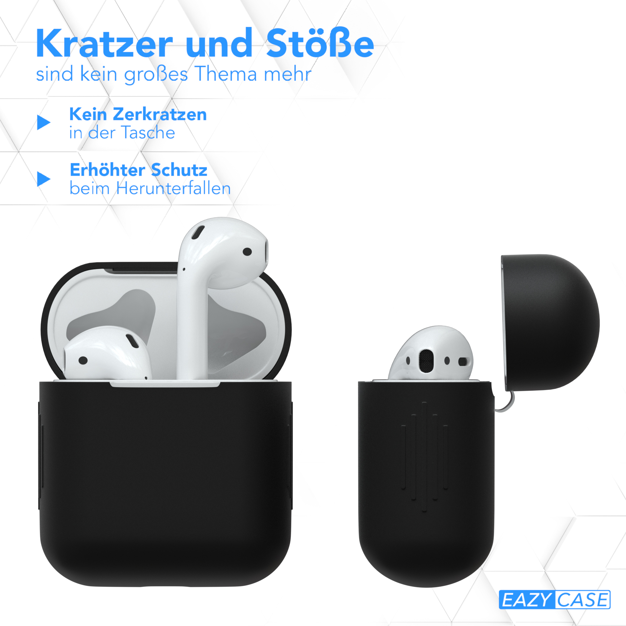 Zwei schwarze Ohrhörerhüllen mit weißem Hintergrund. Deutscher Text: 'Kratzer und Stöße sind kein großes Thema mehr'.
