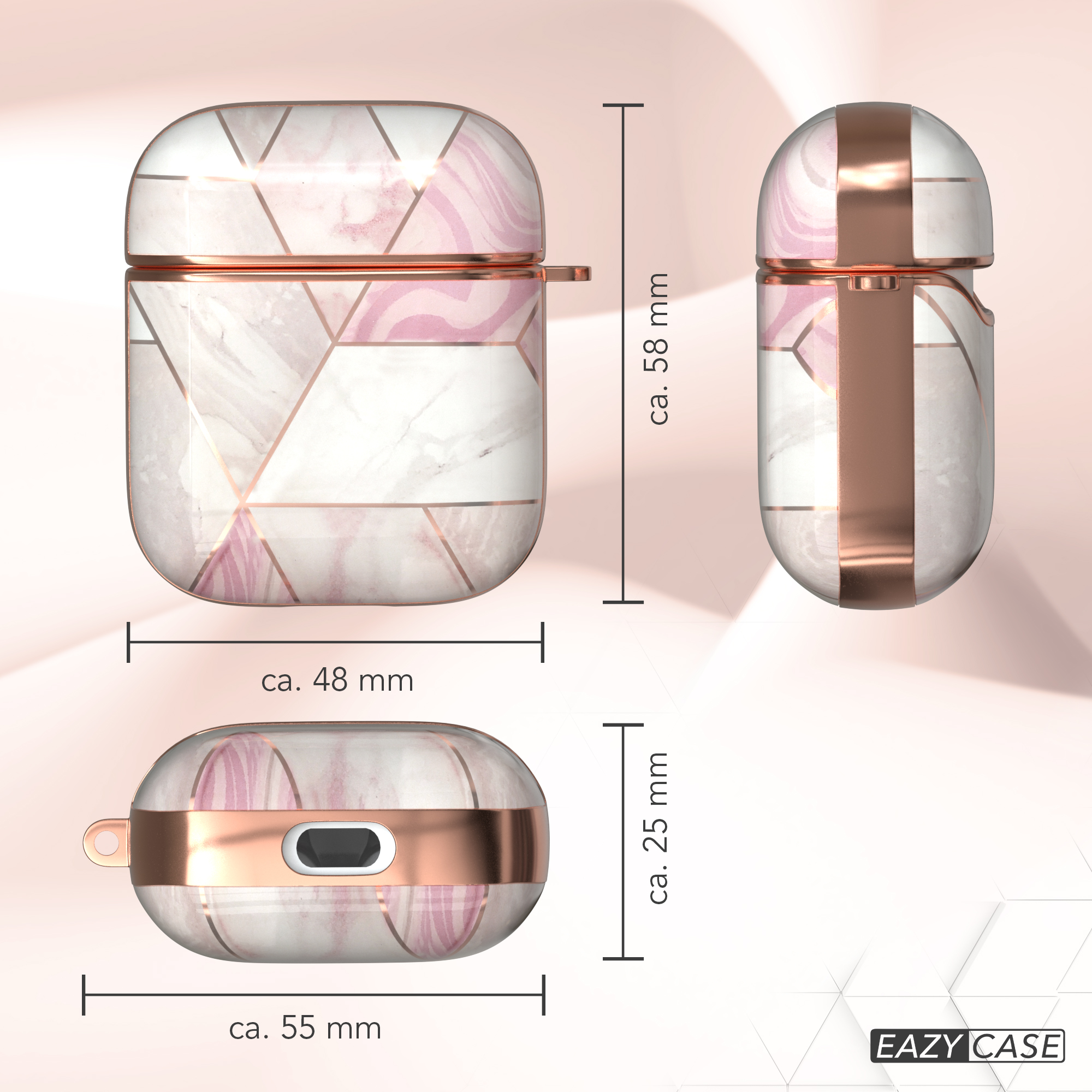 Kopfhöreretui in Weiß mit rosa Marmordesign und goldenen Akzenten. Abmessungen werden gezeigt.