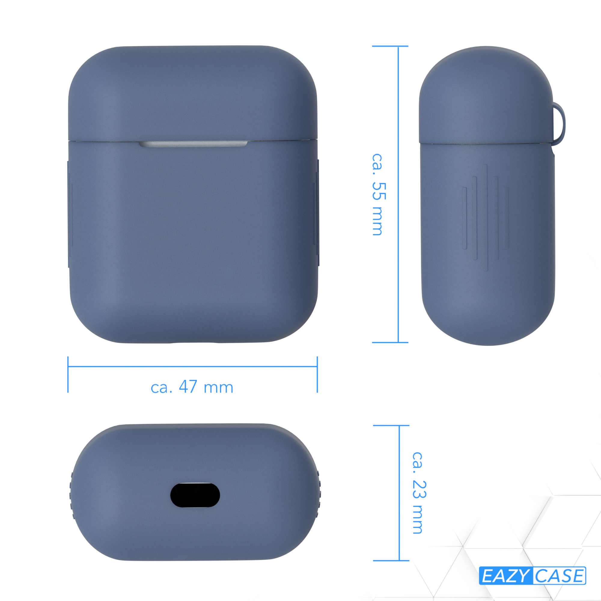 Blaue AirPods-Hülle, mit markierten Abmessungen. Weißer Hintergrund.