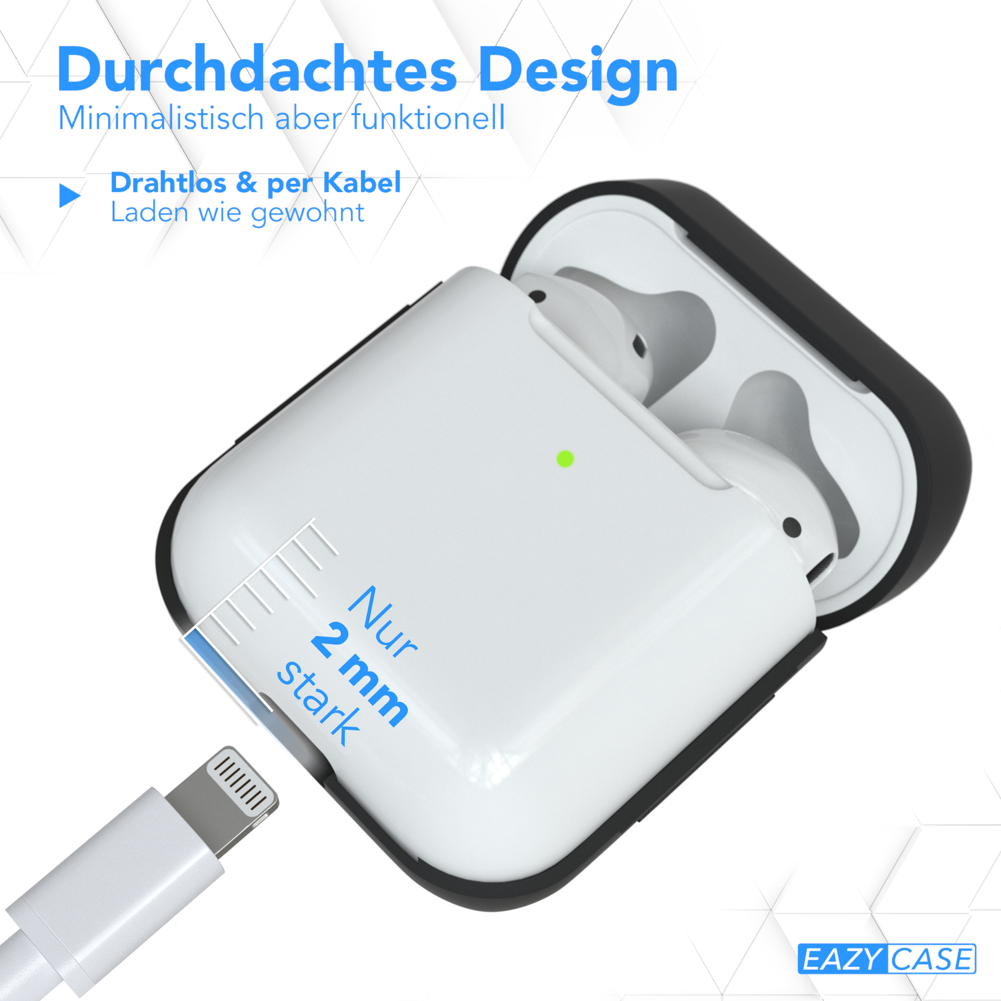 Bild zeigt weiße AirPods-Hülle mit Ladekabel. Misst 2 mm dick.