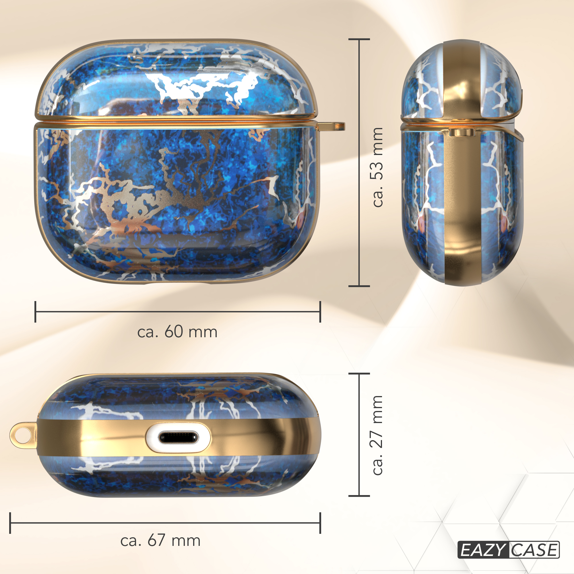 AirPods-Hülle im blauen Marmordesign mit Goldbesatz. Abmessungen werden gezeigt.