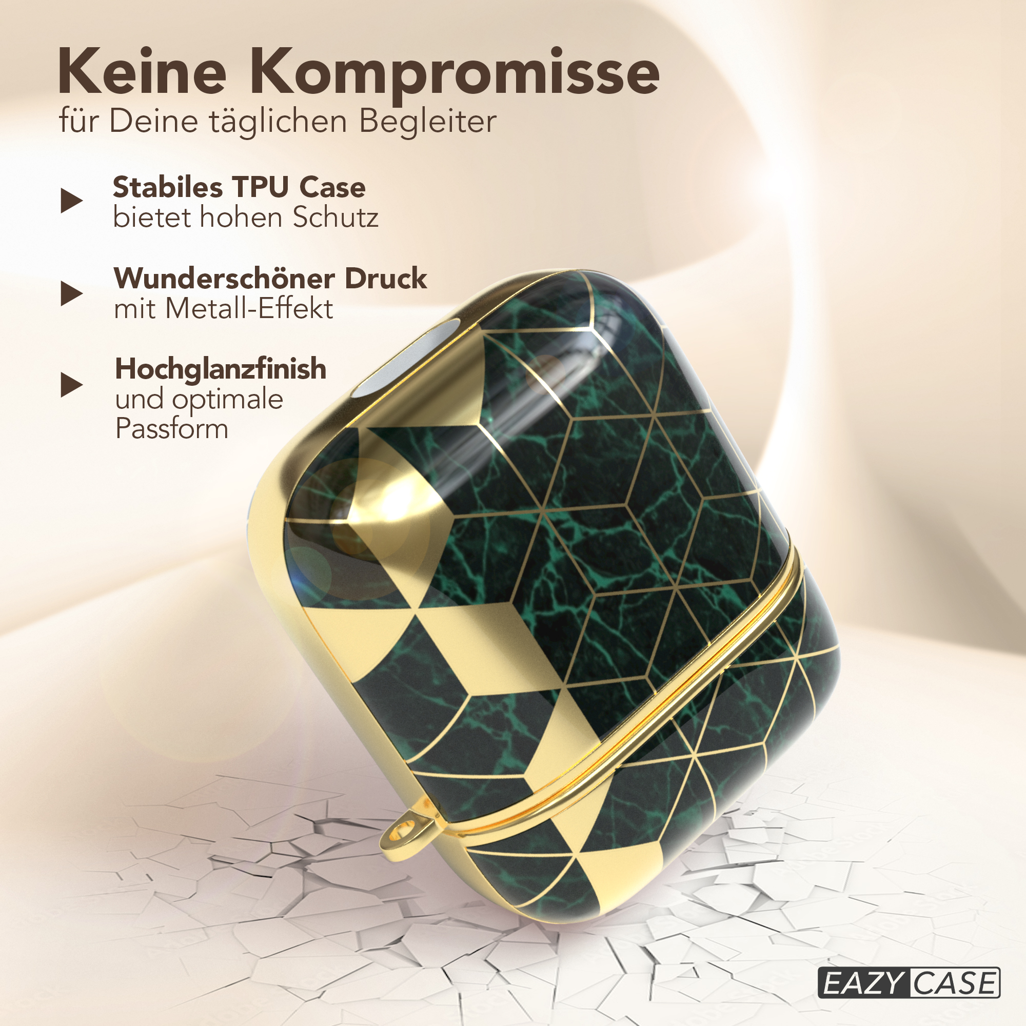 Goldene und grüne Hülle. Text auf der Hülle. Weißer Hintergrund.