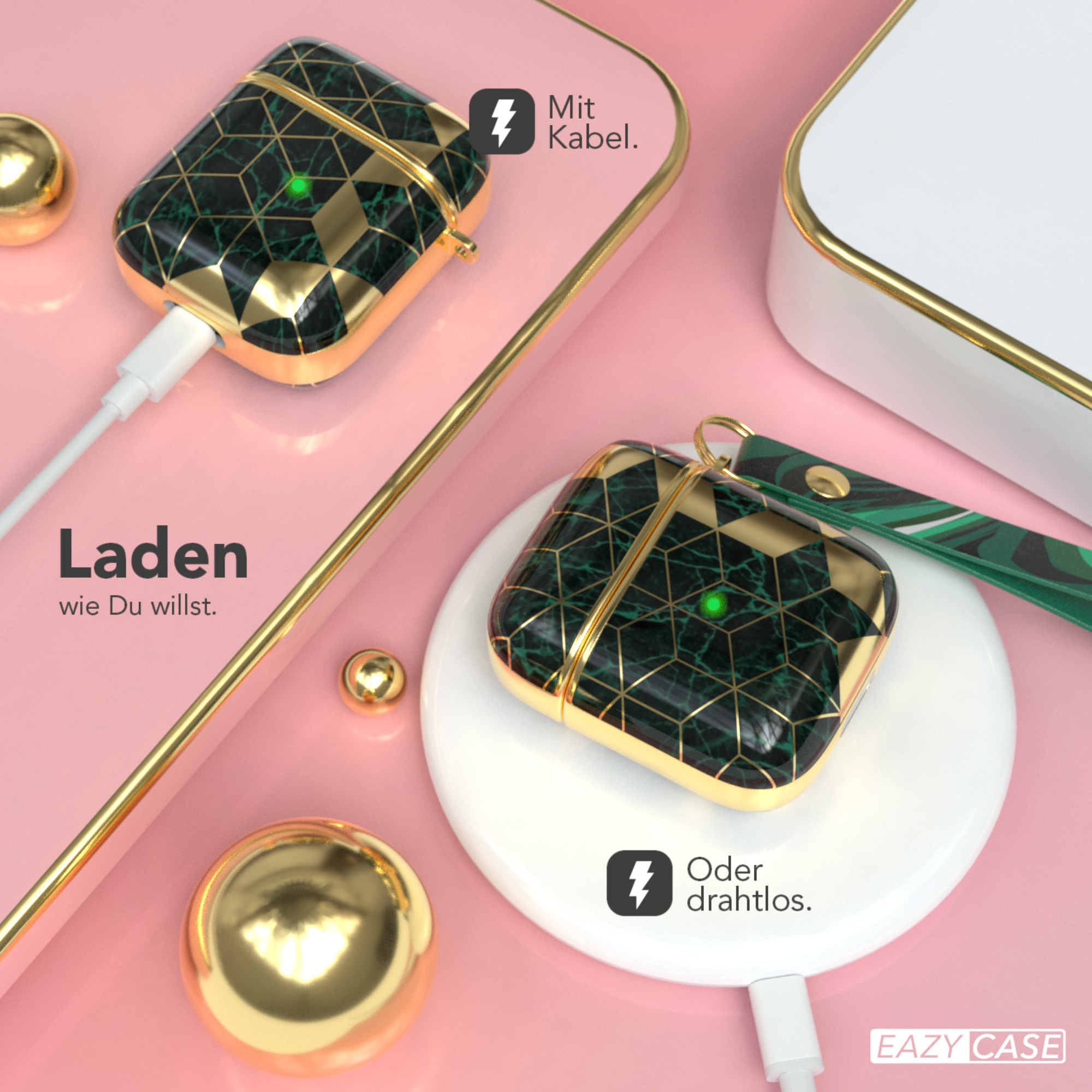Ohrhörer-Ladecase, grün-goldenes Design, mit Ladeoptionen.
