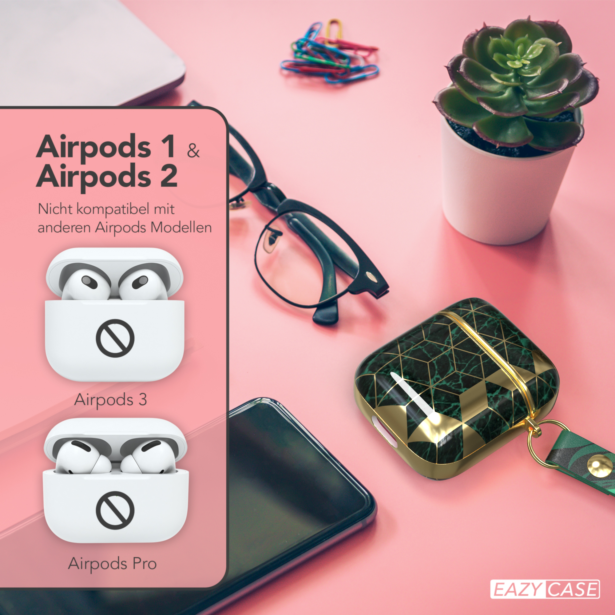 AirPods 1 & 2 und AirPods 3 in weißen Hüllen, mit einem grünen und schwarzen Etui.