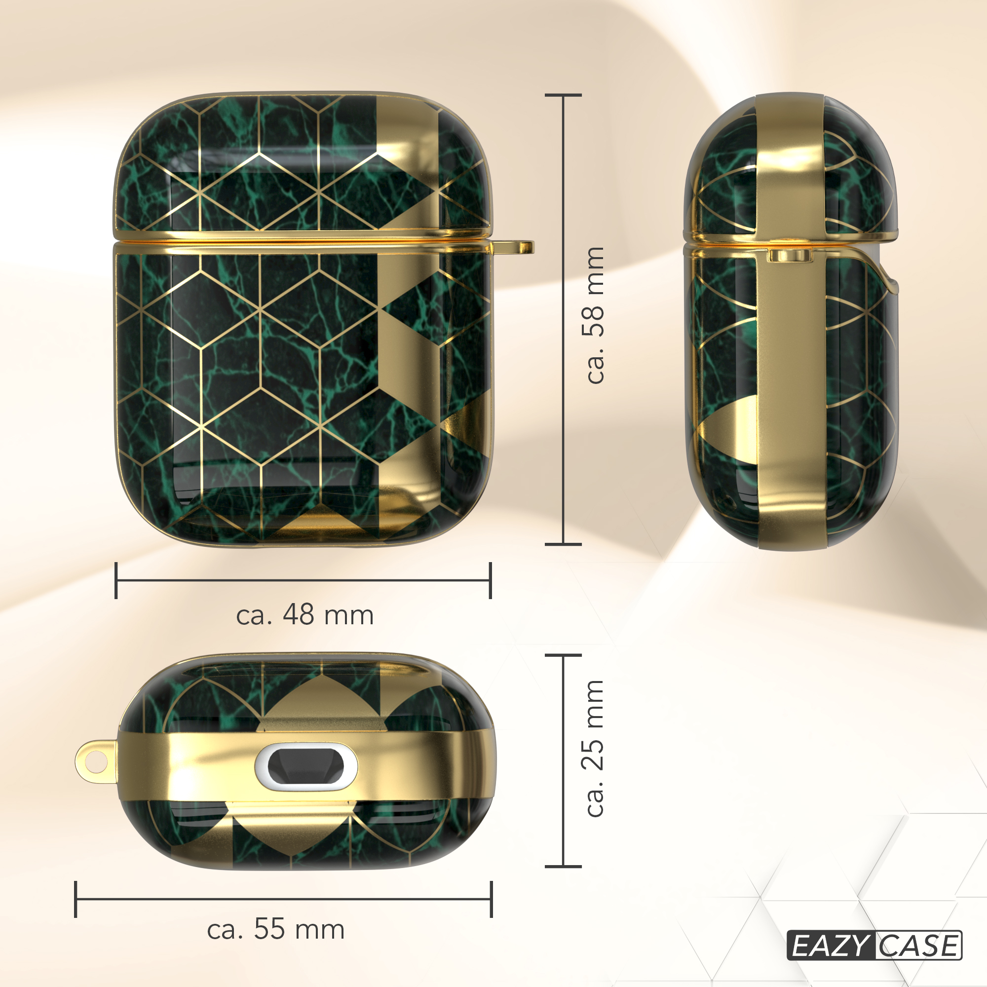 Grün-gold gemustertes AirPods-Etui mit Maßen. Das Etui wird aus mehreren Blickwinkeln gezeigt.