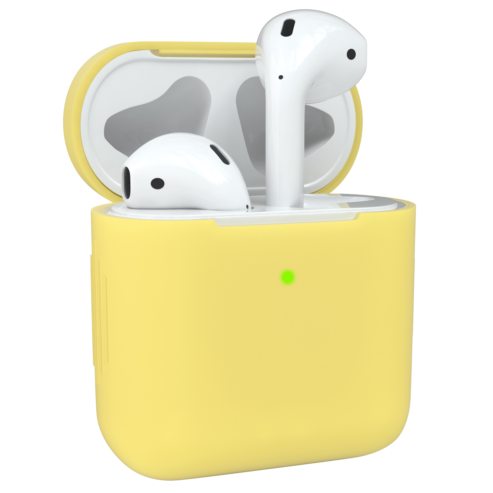 Gelbes Etui mit weißen AirPods. Eines offen, eines geschlossen.