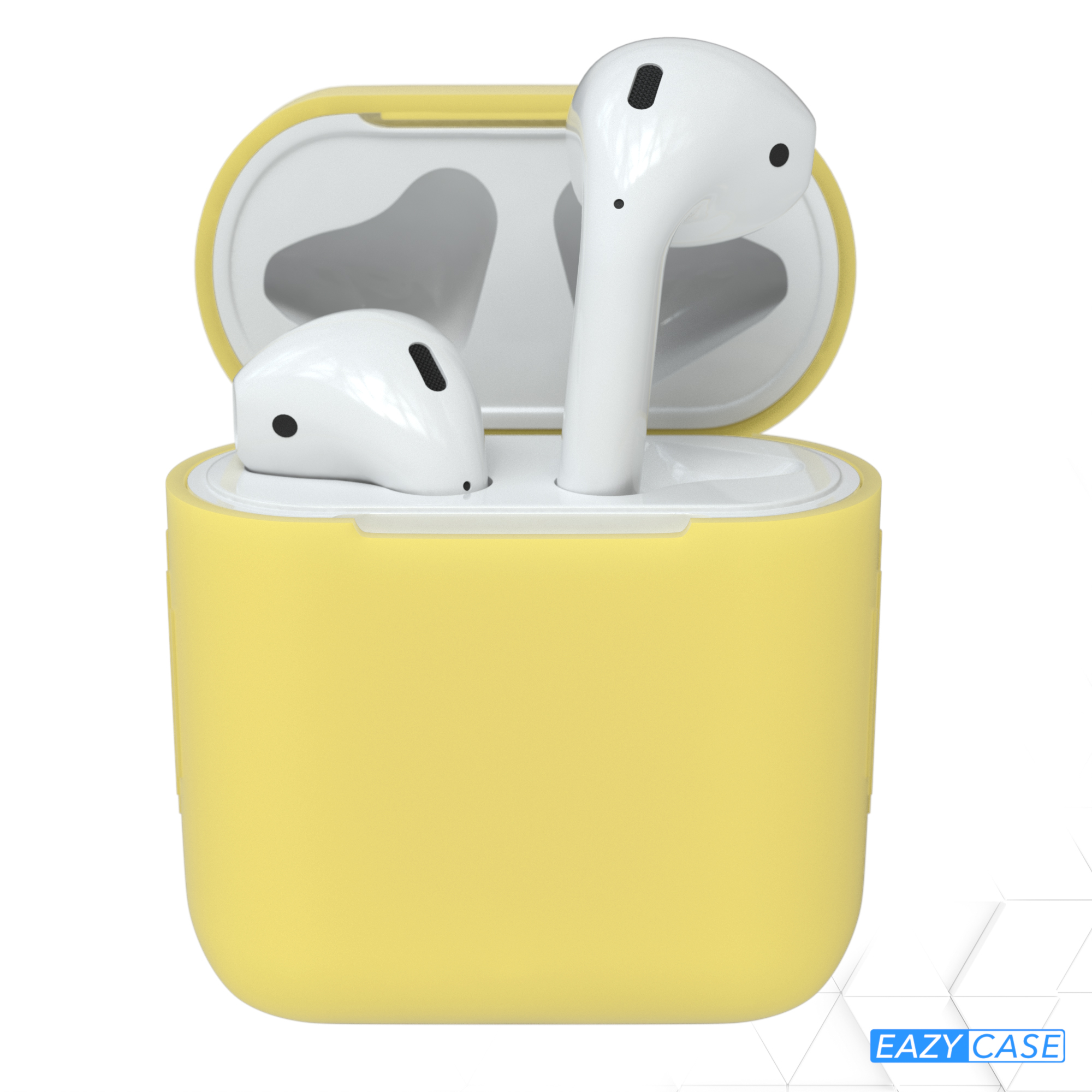 Gelbes AirPods-Etui, geöffnet, mit weißen AirPods. Das Logo 'EAZY CASE' befindet sich unten rechts.