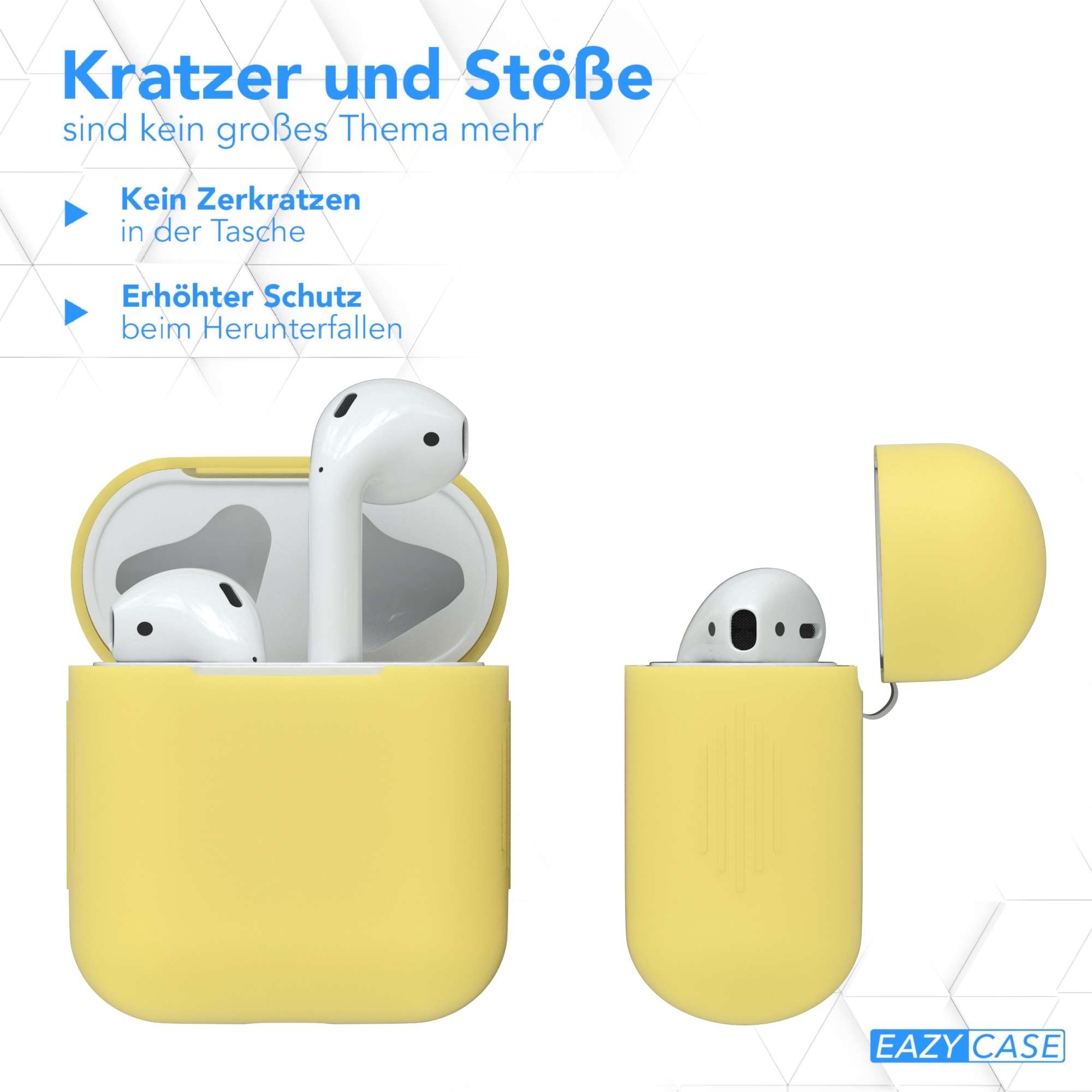 Gelbe AirPods-Hülle mit passendem Einsatz, mit AirPods darin, auf weißer Oberfläche.