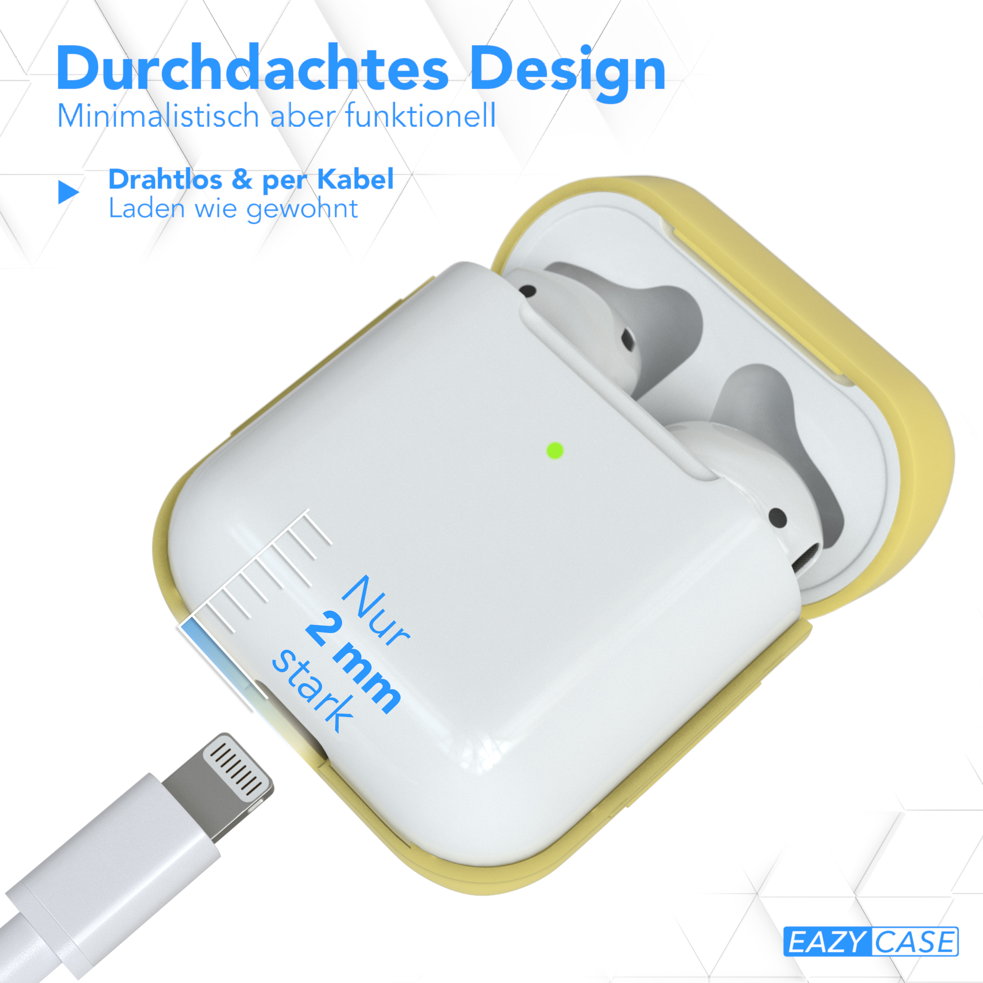 Weißes AirPods-Etui in einem gelben Etui mit einem Ladekabel.
