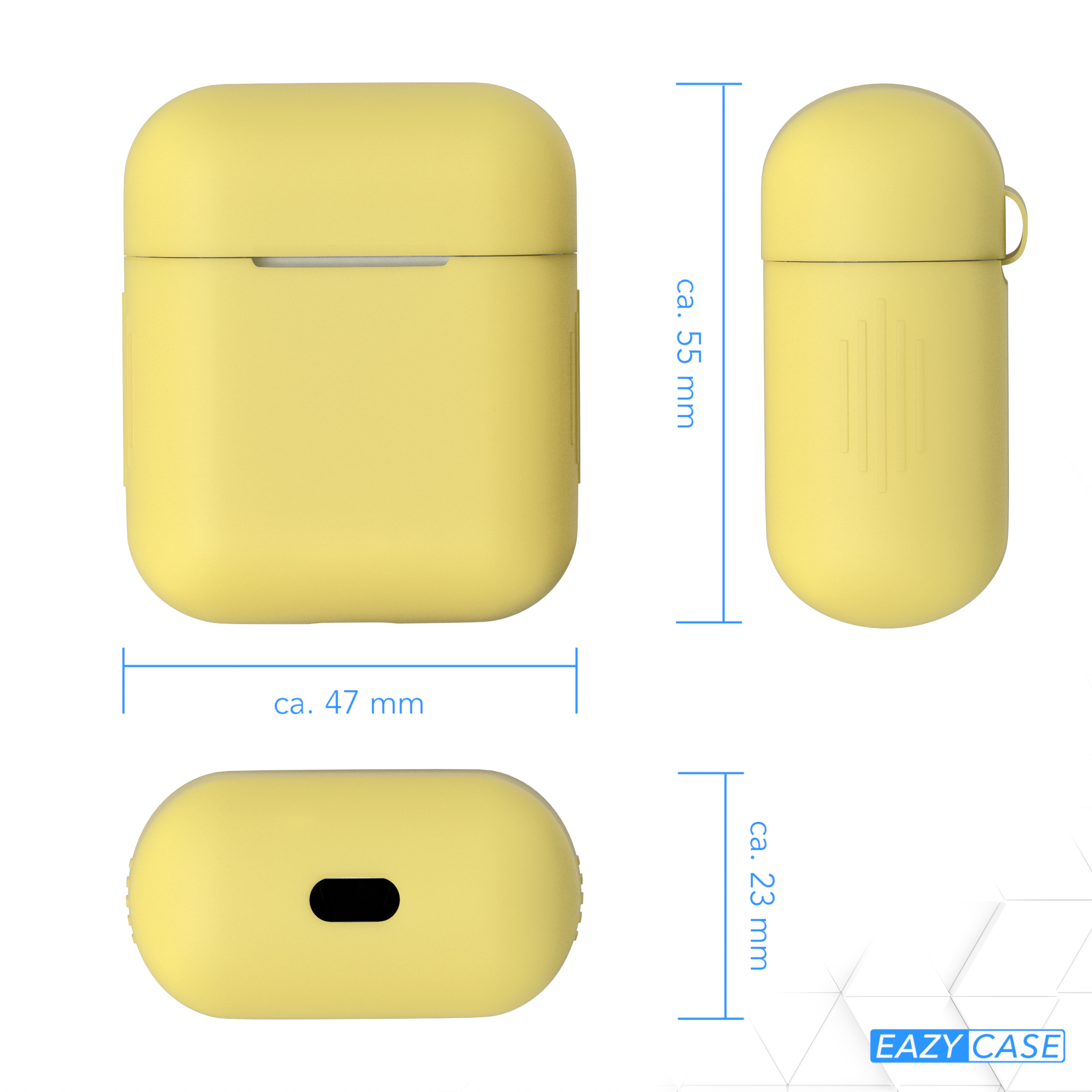 Eine gelbe Hülle für Ohrhörer mit Abmessungen: 55 mm hoch, 47 mm breit und 23 mm dick.