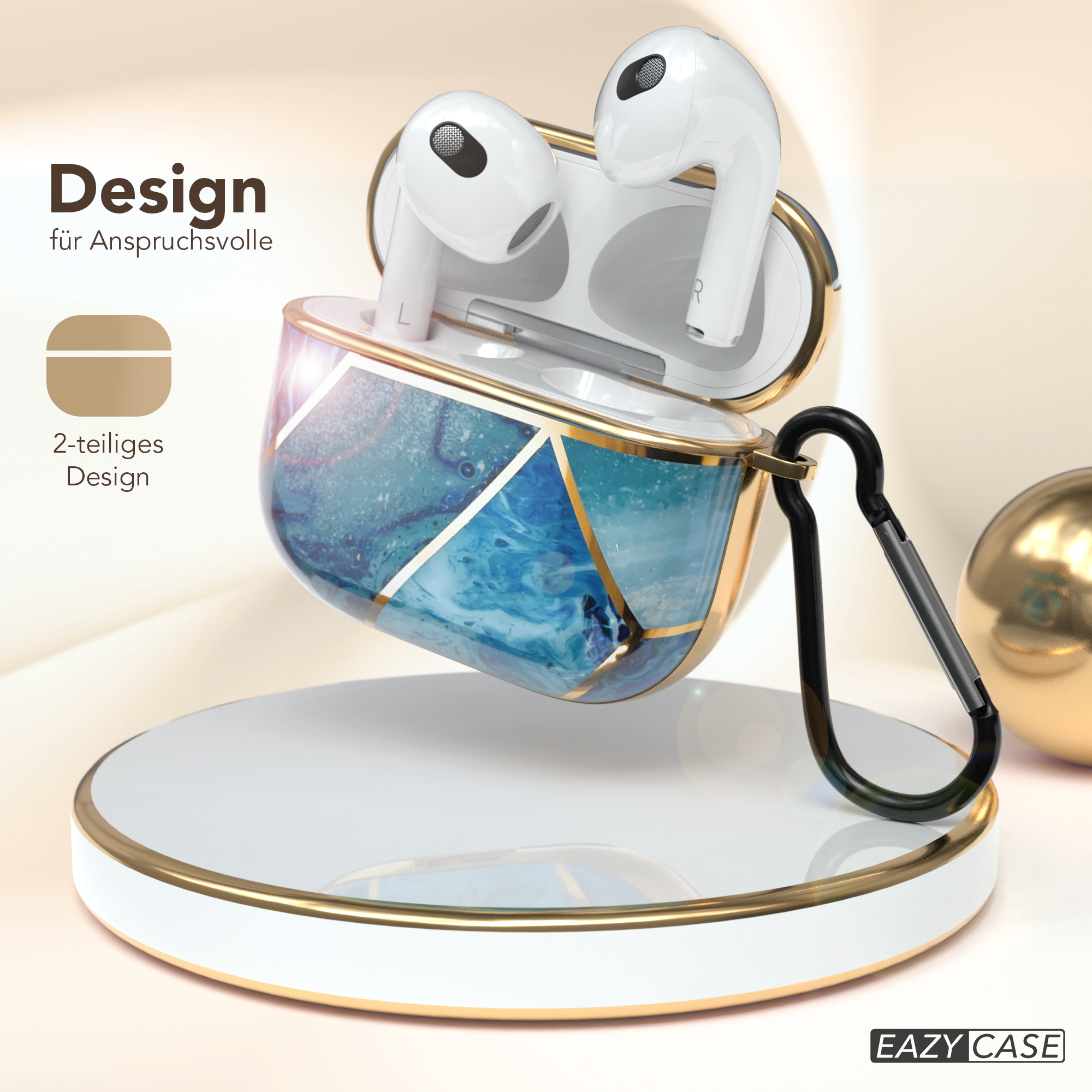 AirPods-Hülle mit Design. Die Hülle ist geöffnet, mit zwei weißen AirPods darin.