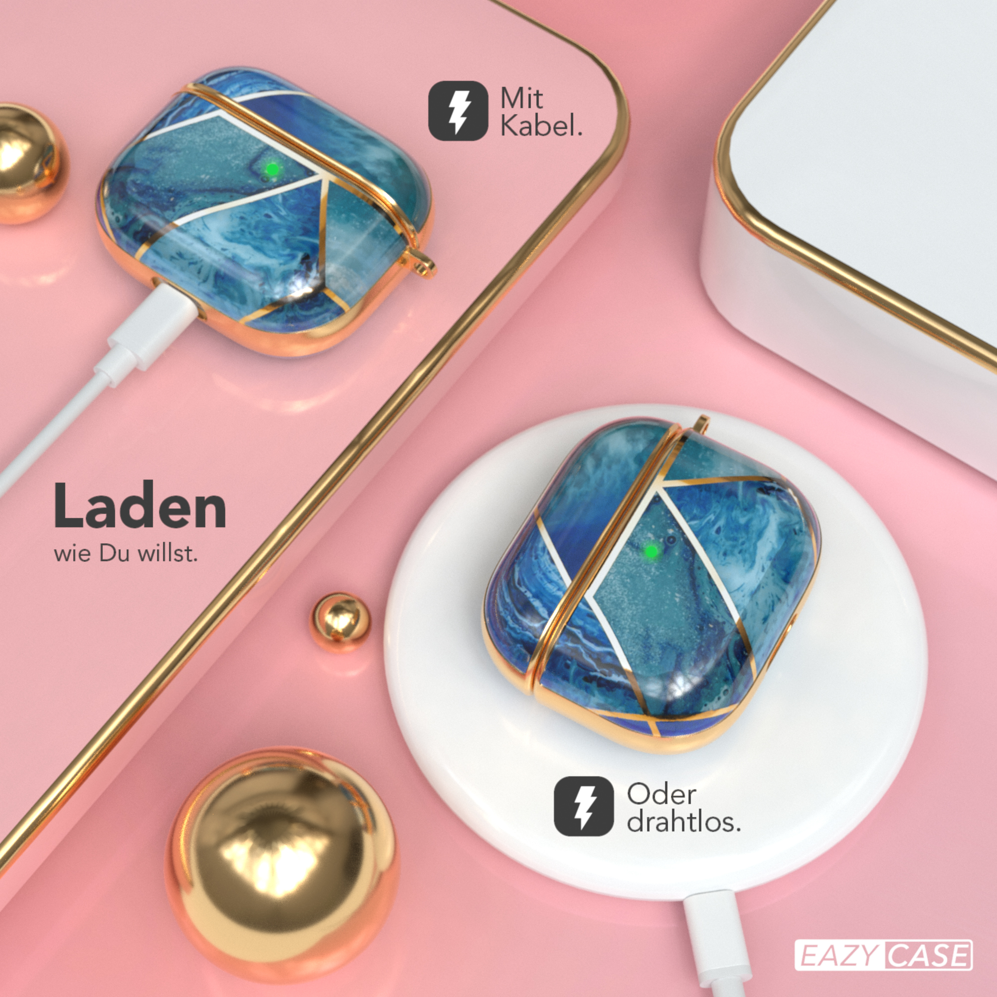 Bild zeigt AirPods-Hülle mit Lademöglichkeiten. Kabelloses Laden und Laden mit Kabel.