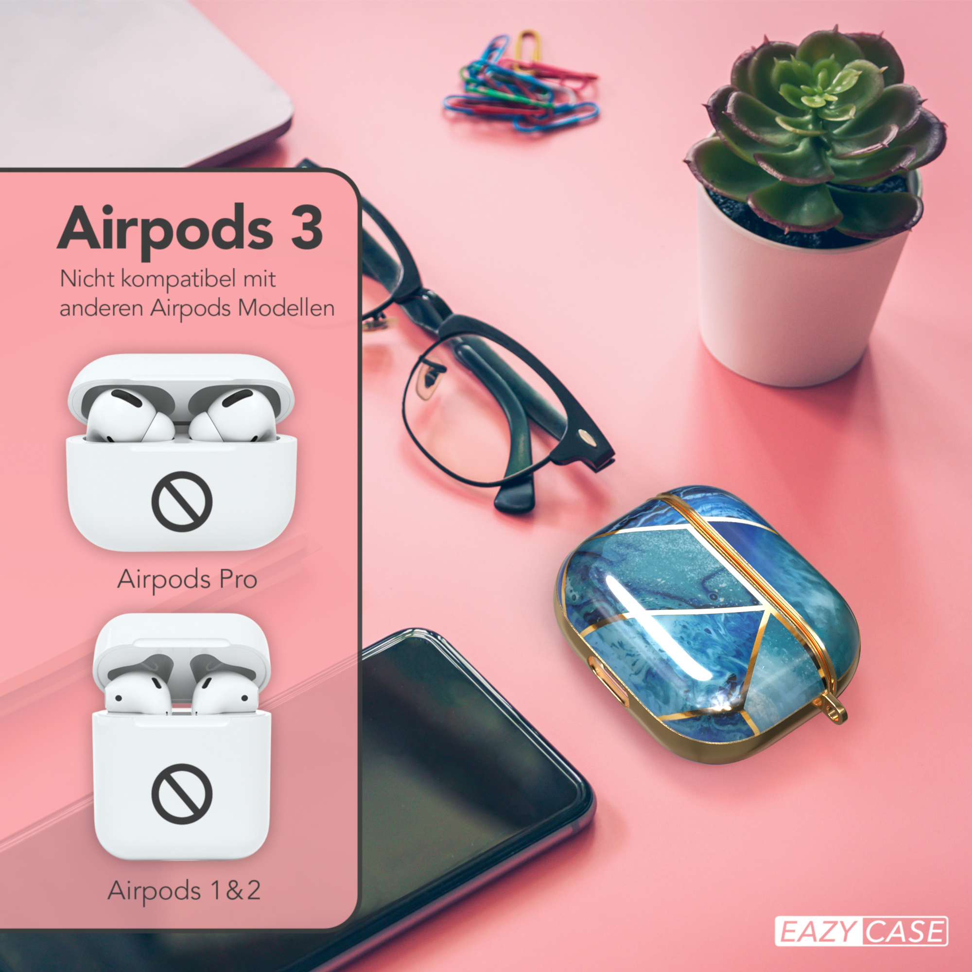 Rosa Hintergrund mit Airpods 3 und Airpods Pro Hüllen, einem Telefon, einer Brille und einer Sukkulente.