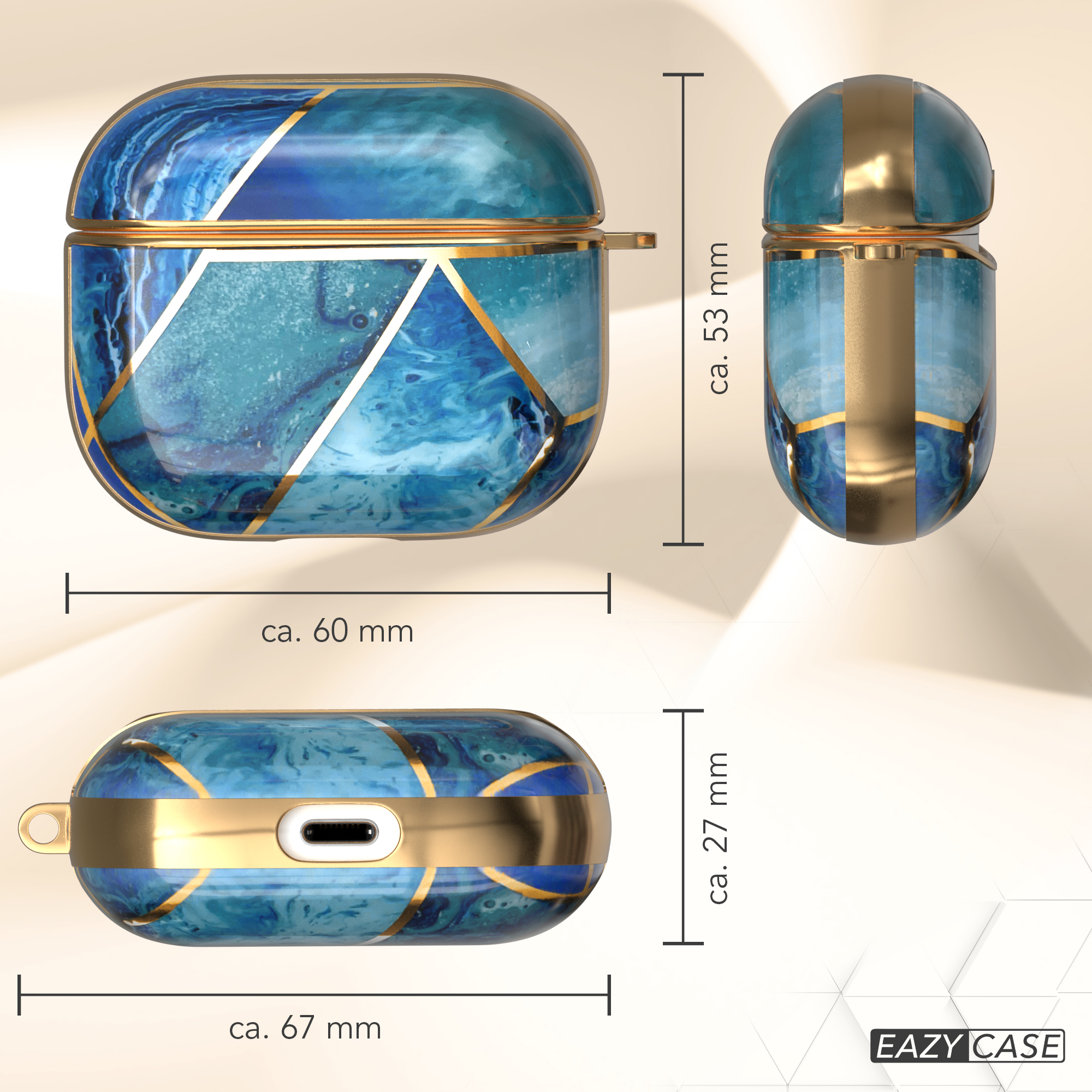 Drei Ansichten eines Ohrhörer-Etuis mit Marmordesign. Das Etui ist blau, gold und weiß. Weißer Hintergrund.