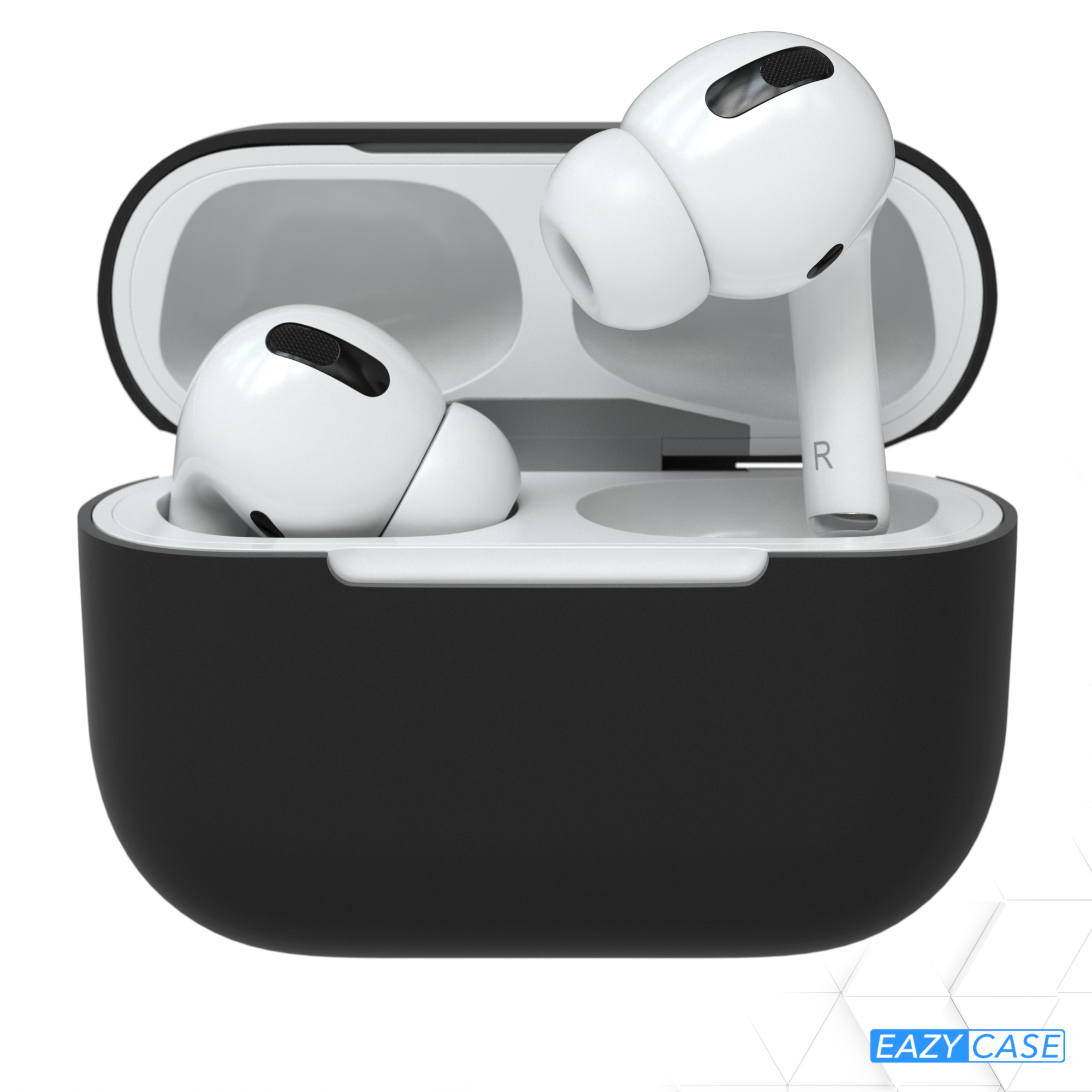 Schwarzes AirPods-Etui mit weißen AirPods darin, offen, vor blau-weißem Hintergrund.