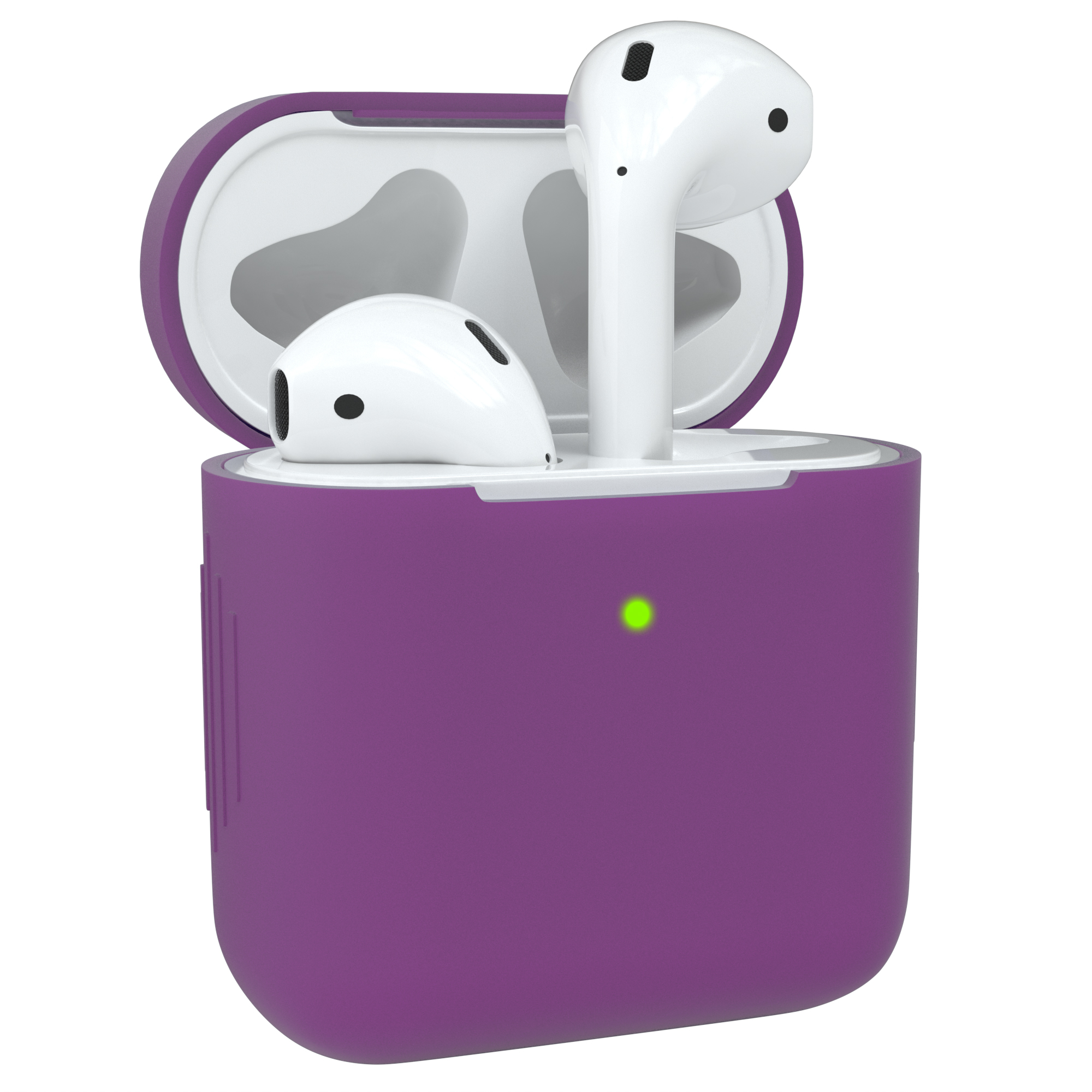 Lila Etui mit weißen AirPods. Eines offen, eines geschlossen.