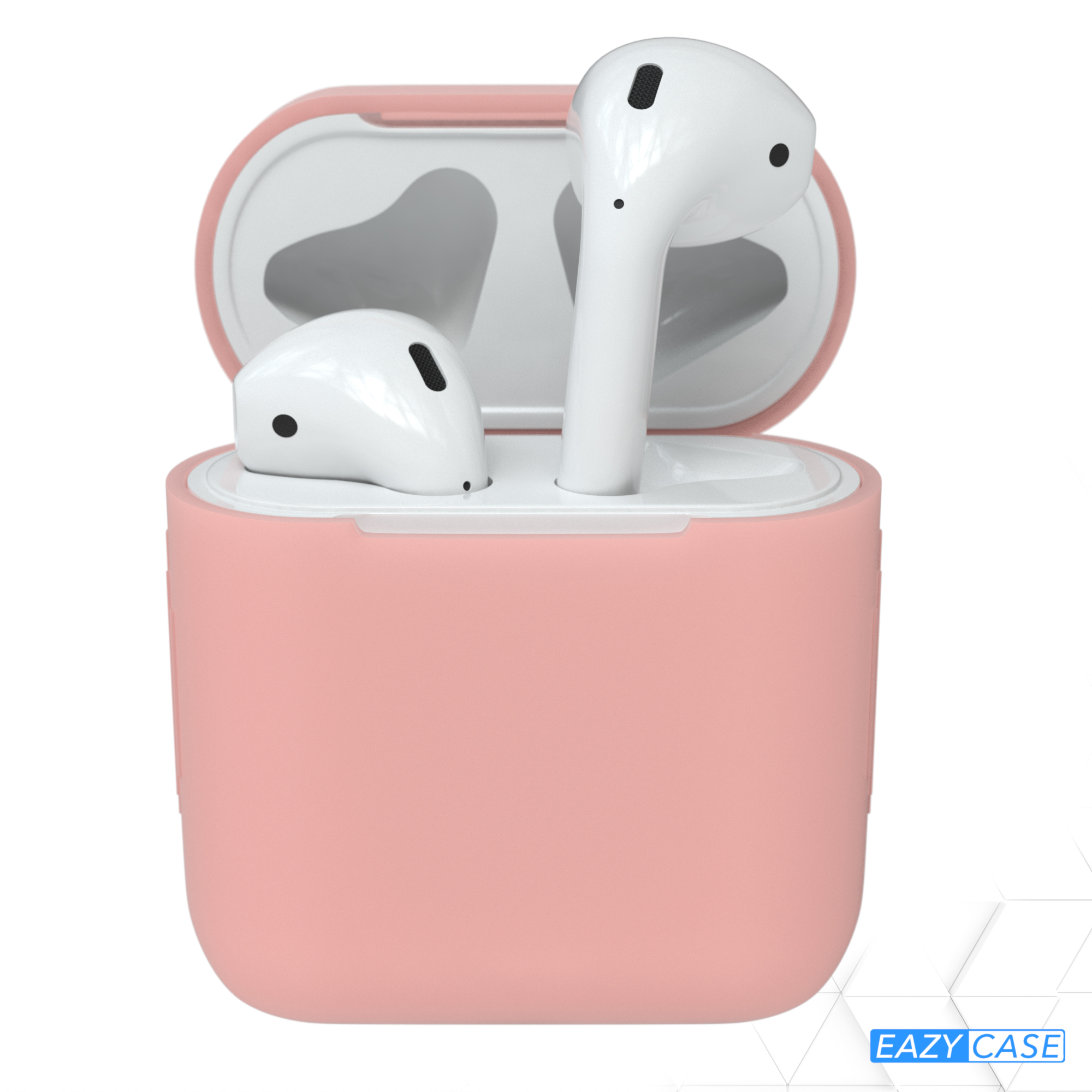 Ein rosa Etui mit weißen AirPods. Das Etui ist geöffnet. Die Worte 'EAZY CASE' sind in der Ecke.