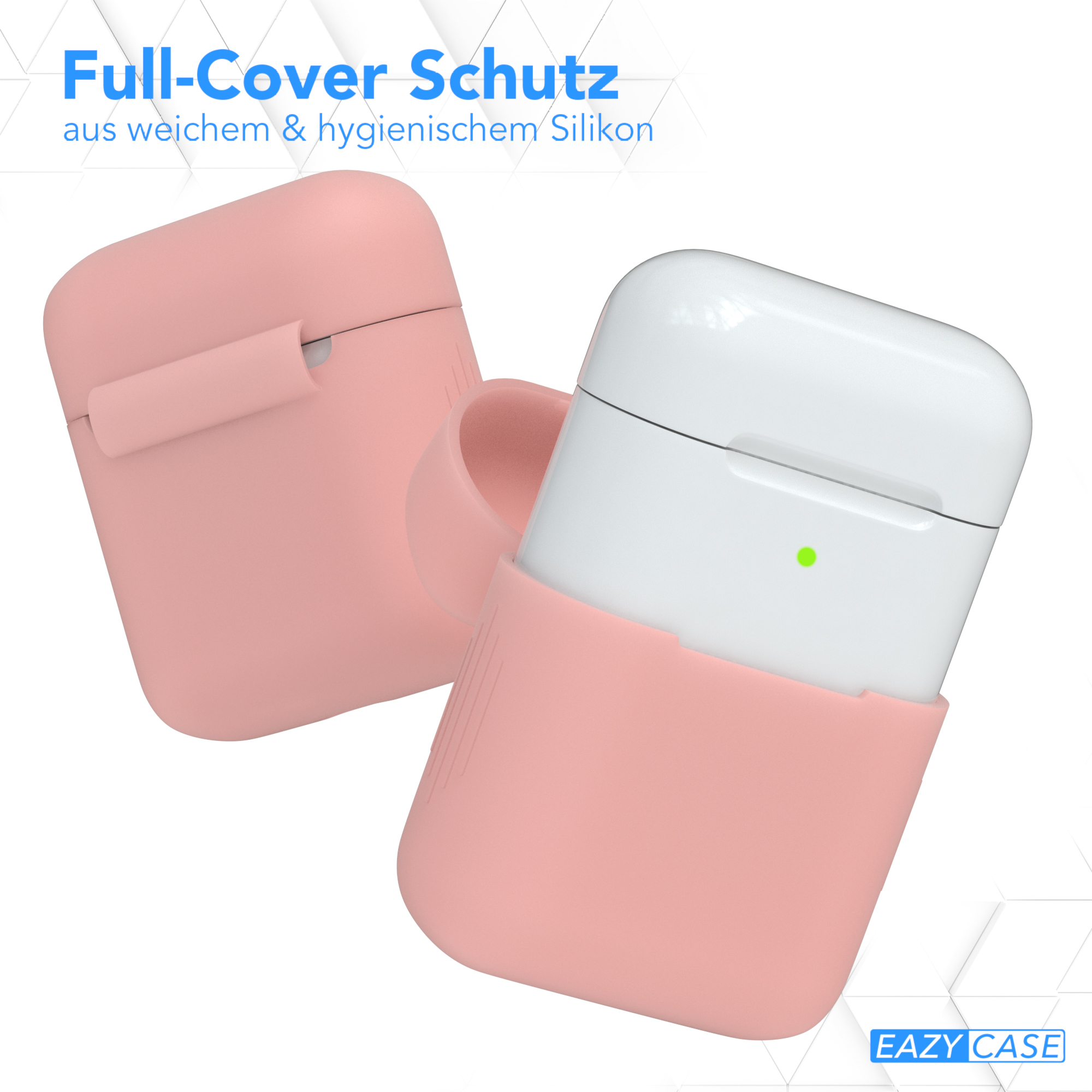 Rosa AirPods-Hülle geöffnet, zeigt weiße Ohrhörer. Text: Vollständiger Schutz aus weichem & hygienischem Silikon.