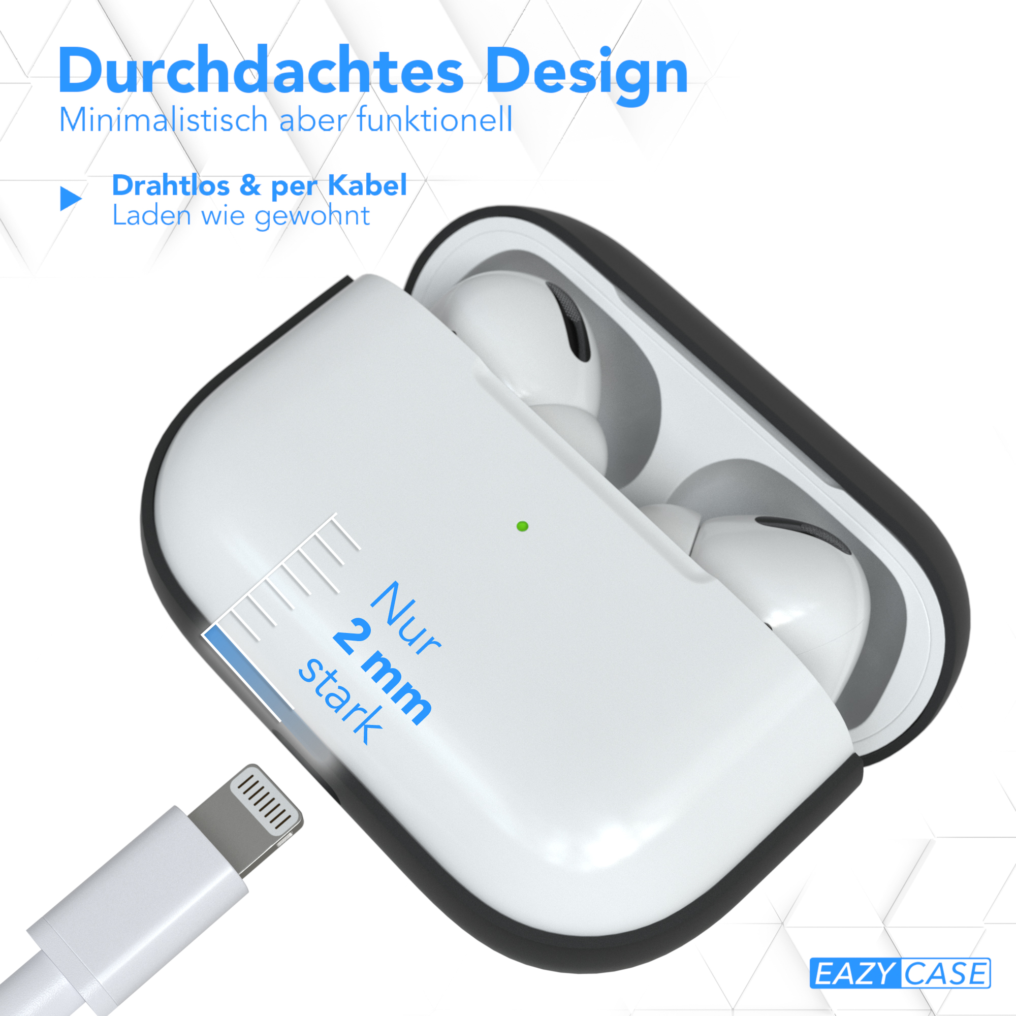 AirPods-Case wird mit weißem Kabel geladen. Text: Durchdachtes Design.