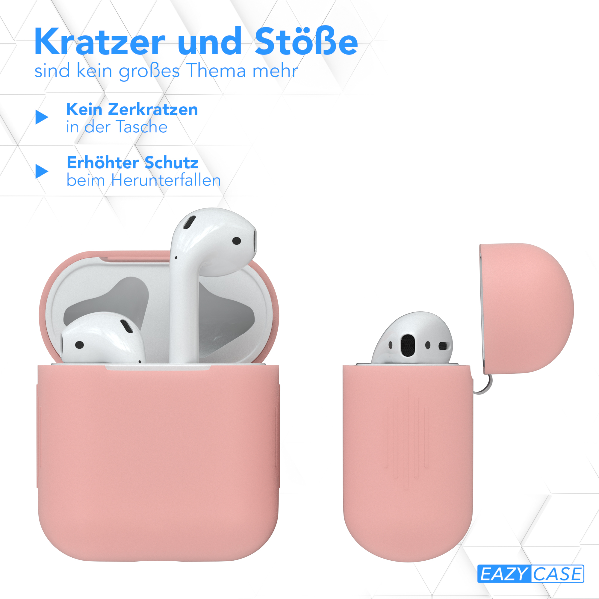 Rosa AirPods in einem Etui. Das Etui ist offen, mit einem AirPod darin und einem draußen.
