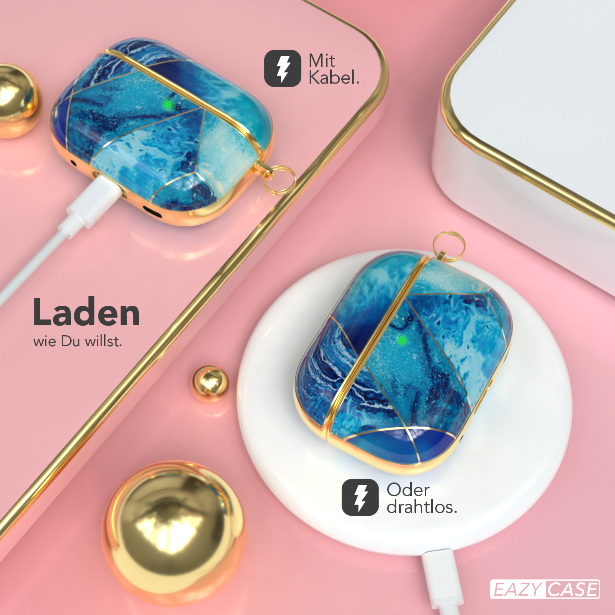 AirPods-Hülle auf rosa Oberfläche. Goldakzente. Text: 'Laden wie Du willst.' Kabellose Ladestation.
