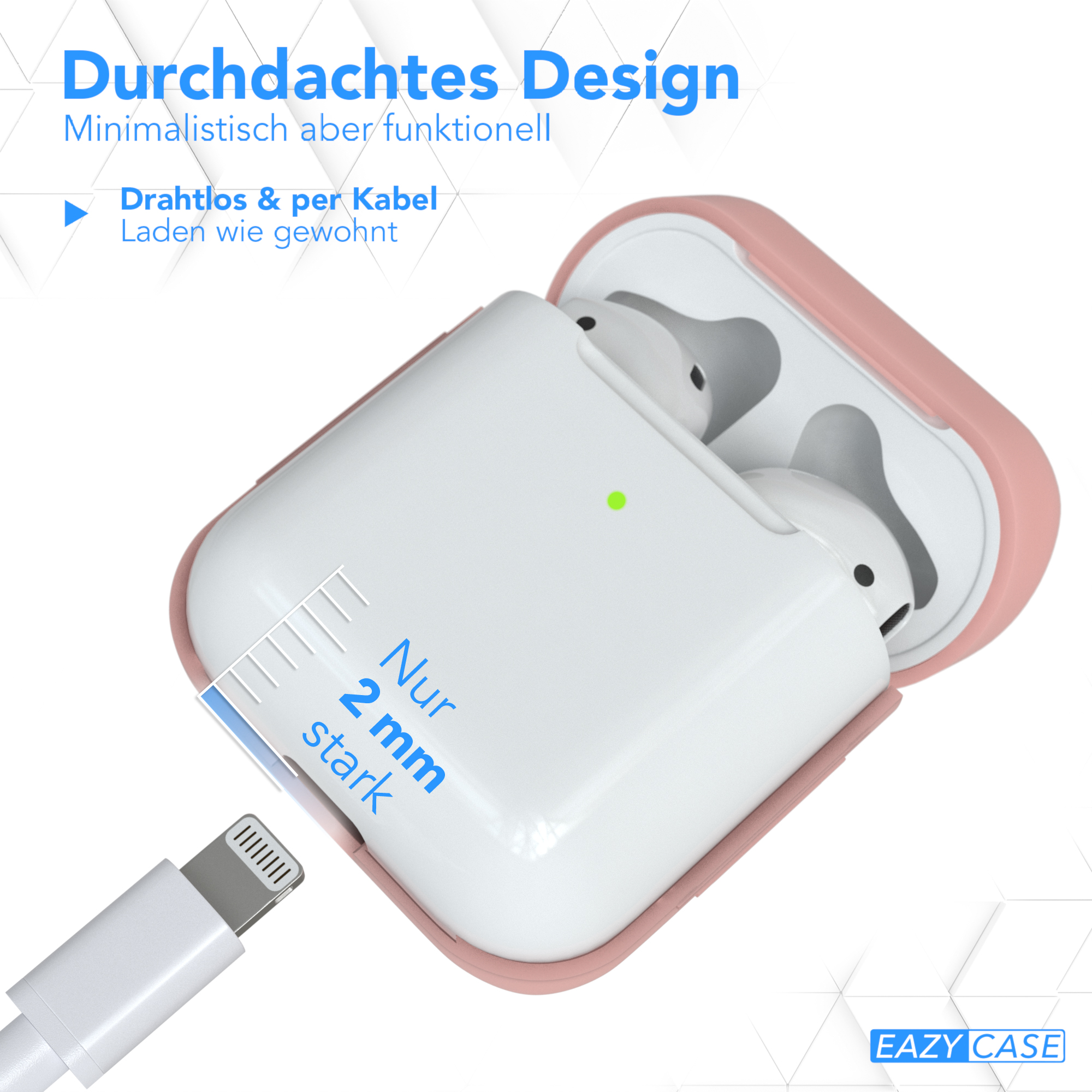 Weißes AirPods-Case mit rosa Innenraum und Ladekabel daneben.