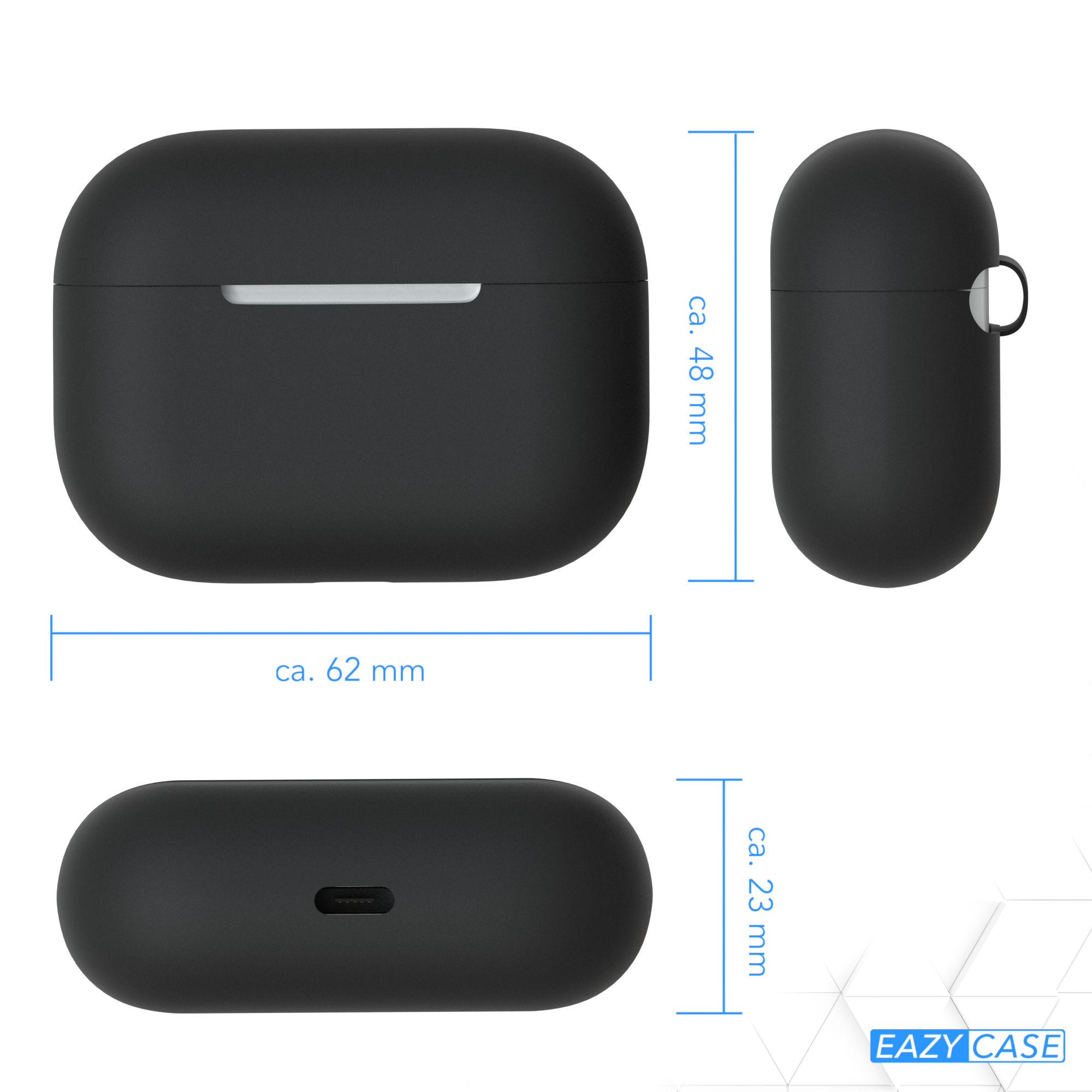 Schwarze Schutzhülle für AirPods, mit Abmessungen und einem Logo.