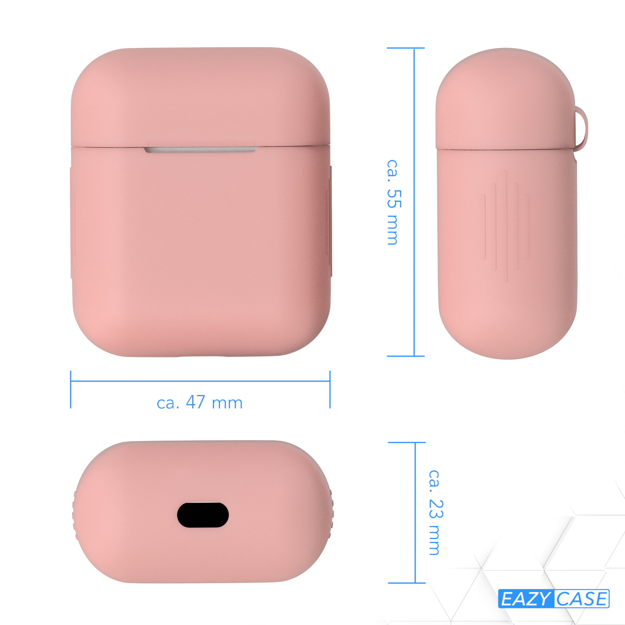 Rosa Kopfhörer-Case, zeigt Abmessungen: 55mm Höhe, 47mm Breite und 23mm Dicke.