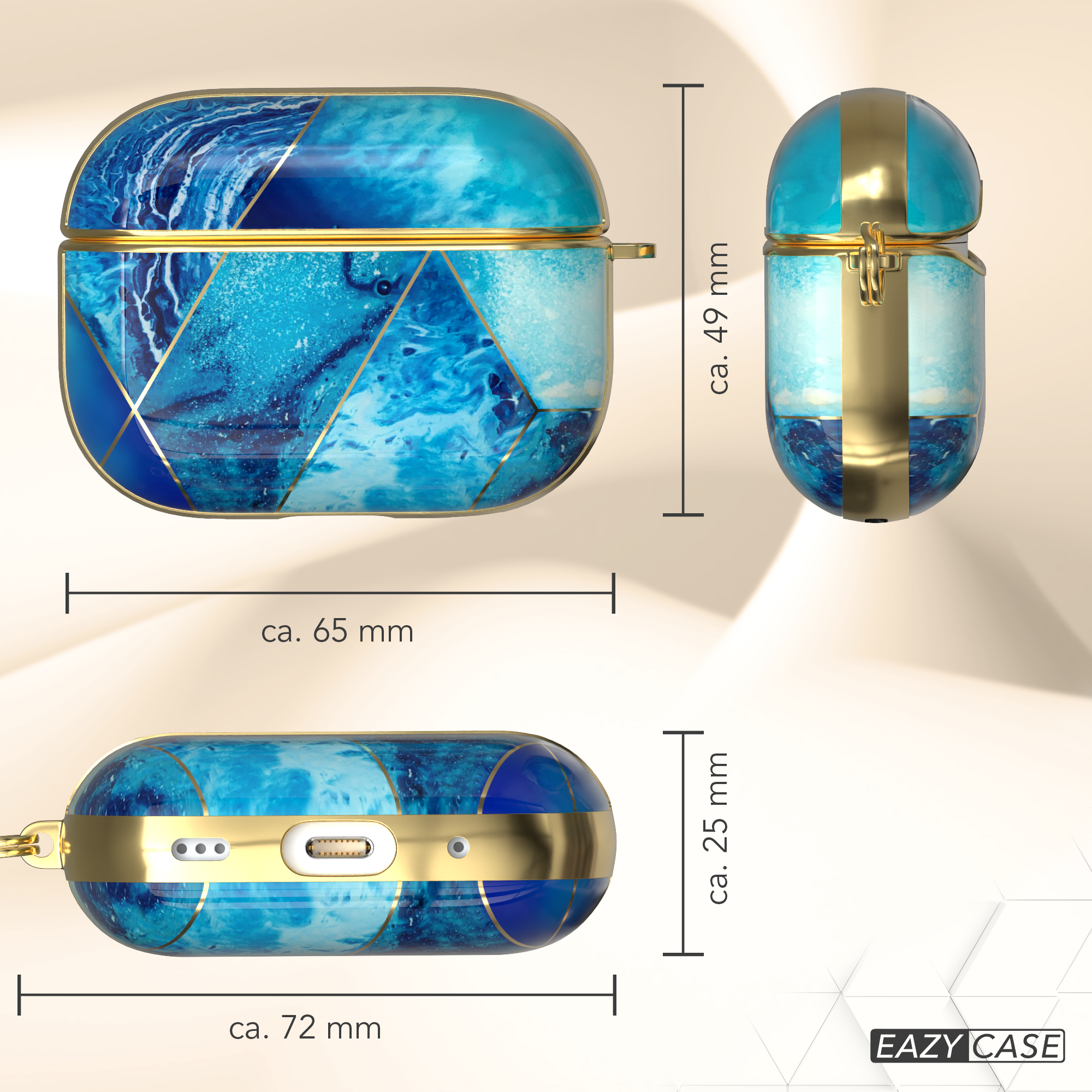 AirPods-Etui mit blauem und goldenem Design, drei Ansichten mit Maßen.