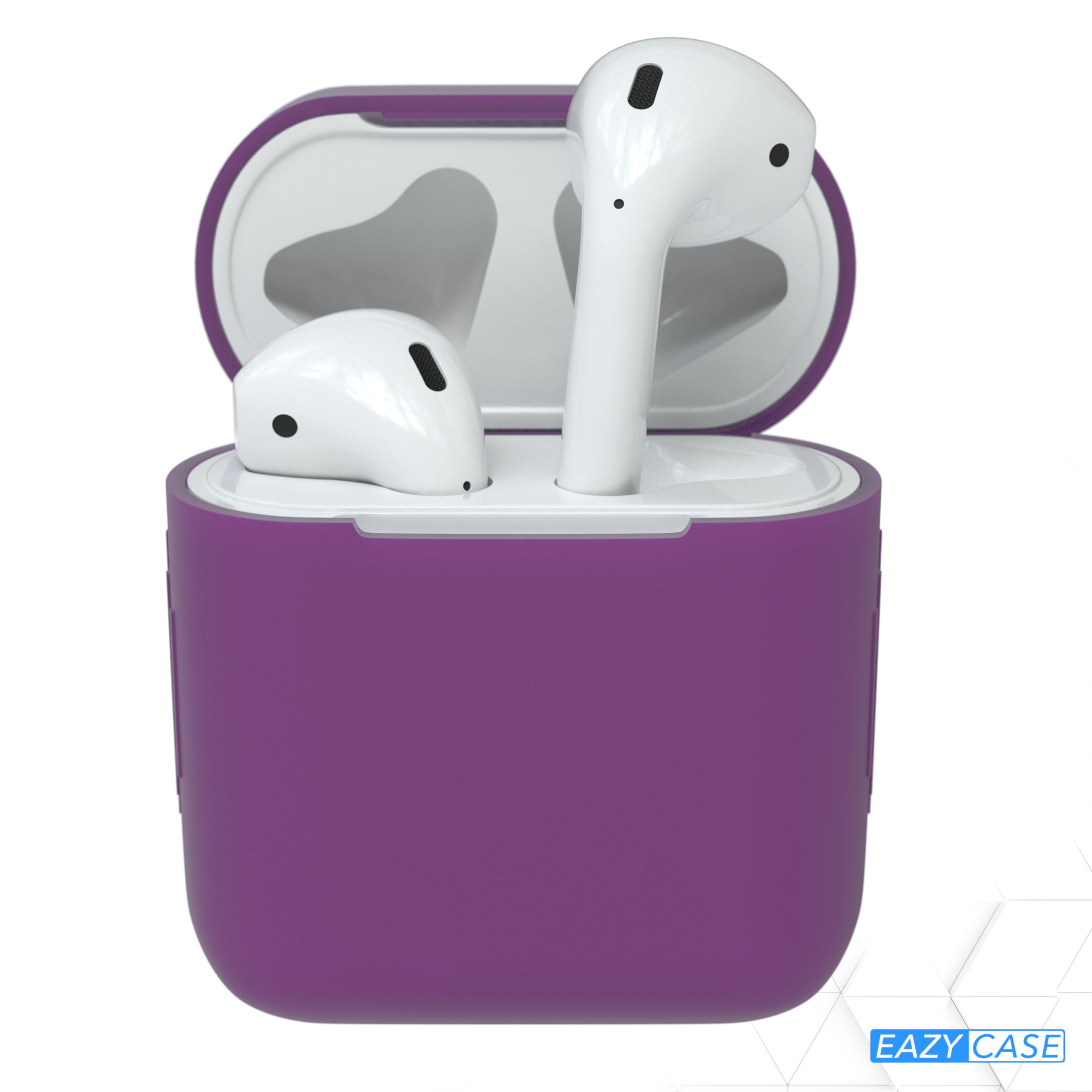 Lila AirPods-Case offen, zeigt AirPods im Inneren. Weißer Hintergrund.
