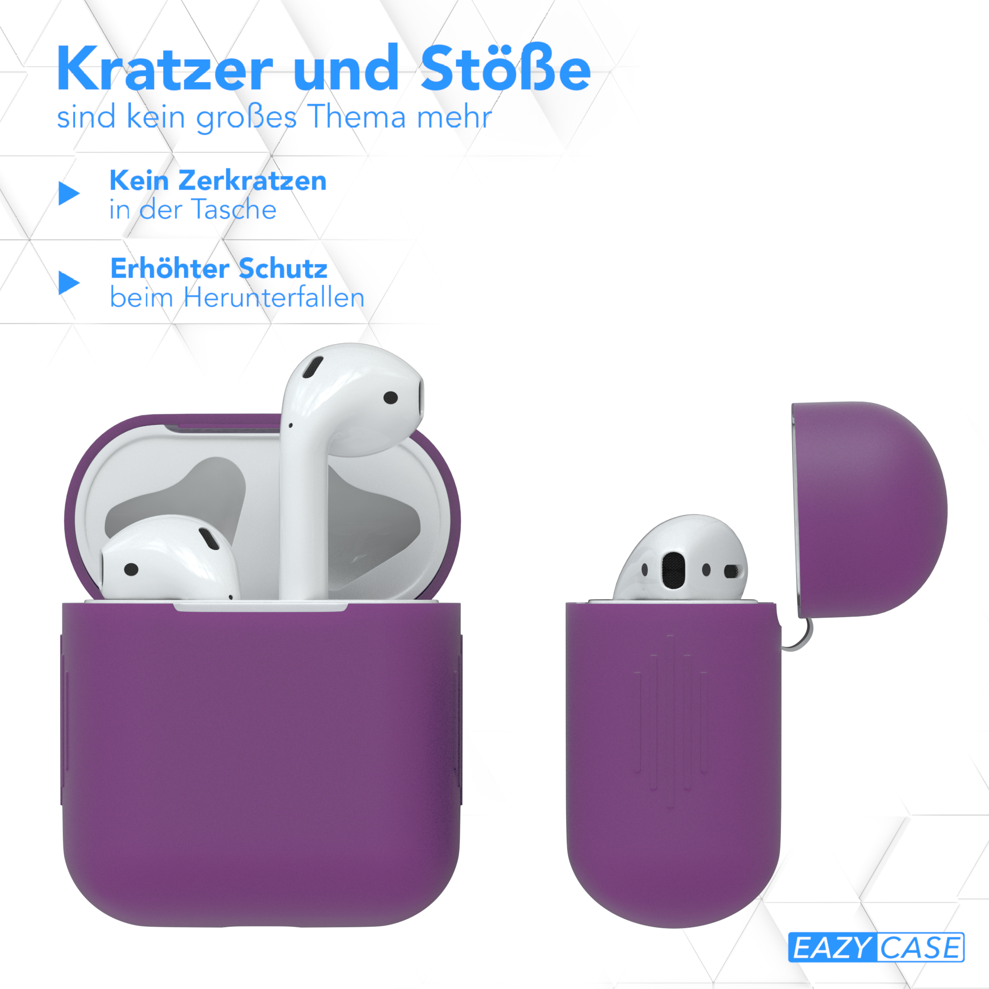 Lila Kopfhörer-Hülle mit zwei Kopfhörern innen und offen, mit Text über Schutz.
