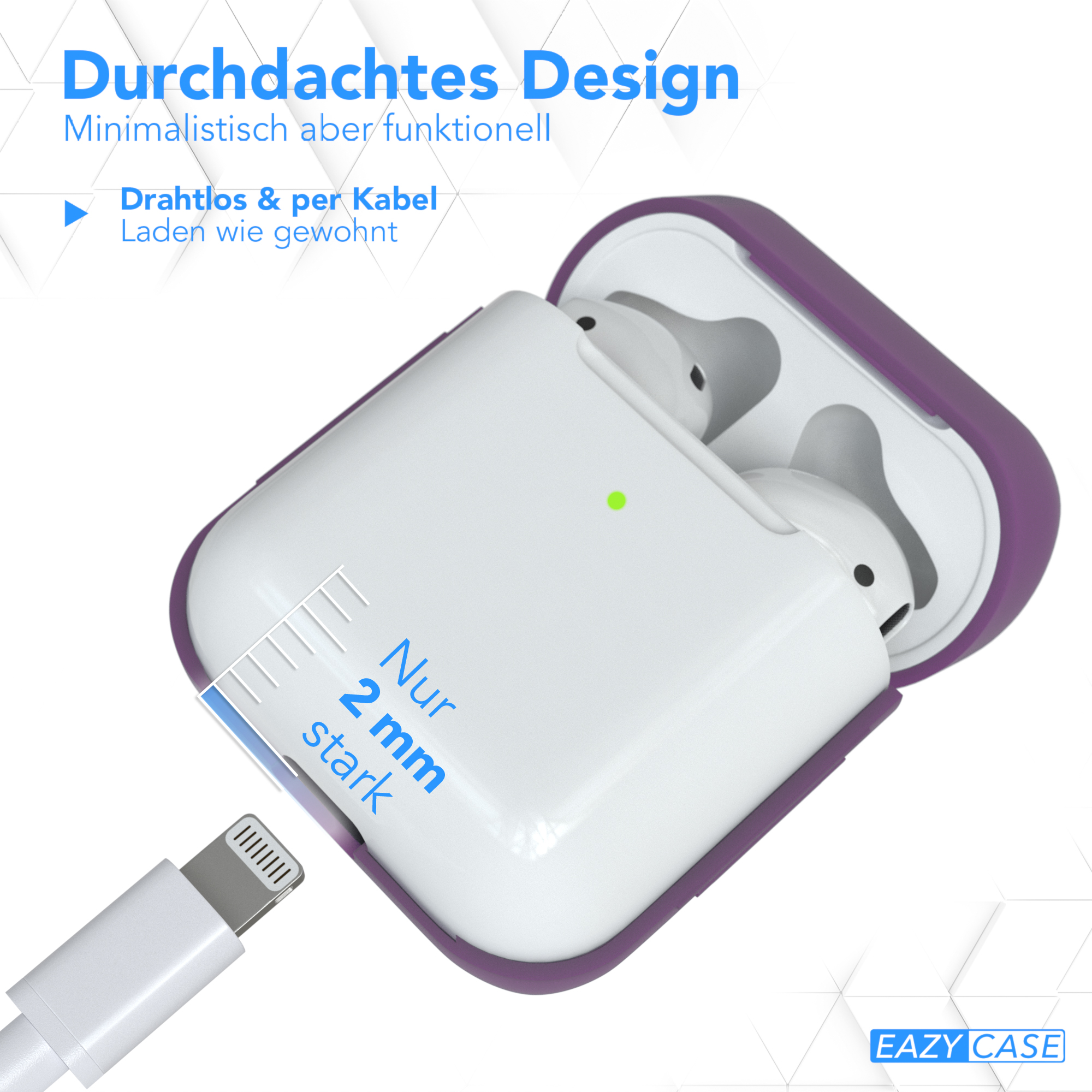 Weiße Ohrhörer in einem lilafarbenen Etui. Text: Kabelloses & kabelgebundenes Laden.